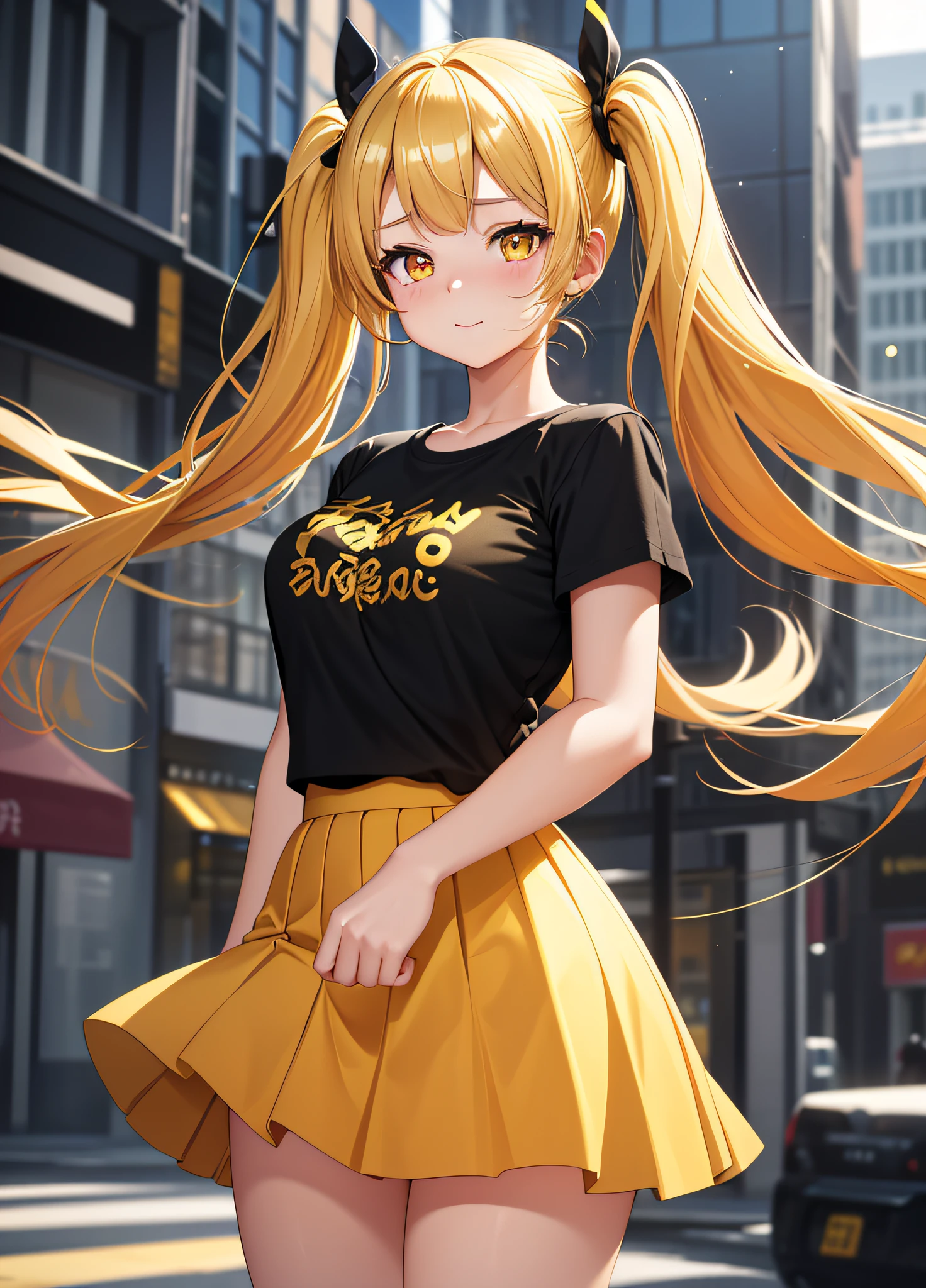 Masterpiece, Top Quality, 1girl, (Young Woman), Solo, Blonde Twin Tails, Big, Thighs, (((Golden Eyes)), Fluttering Yellow Mini Skirt, Black T-Shirt, Happy, (Embarrassing), ((Red Cheeks)), (Date in the City)