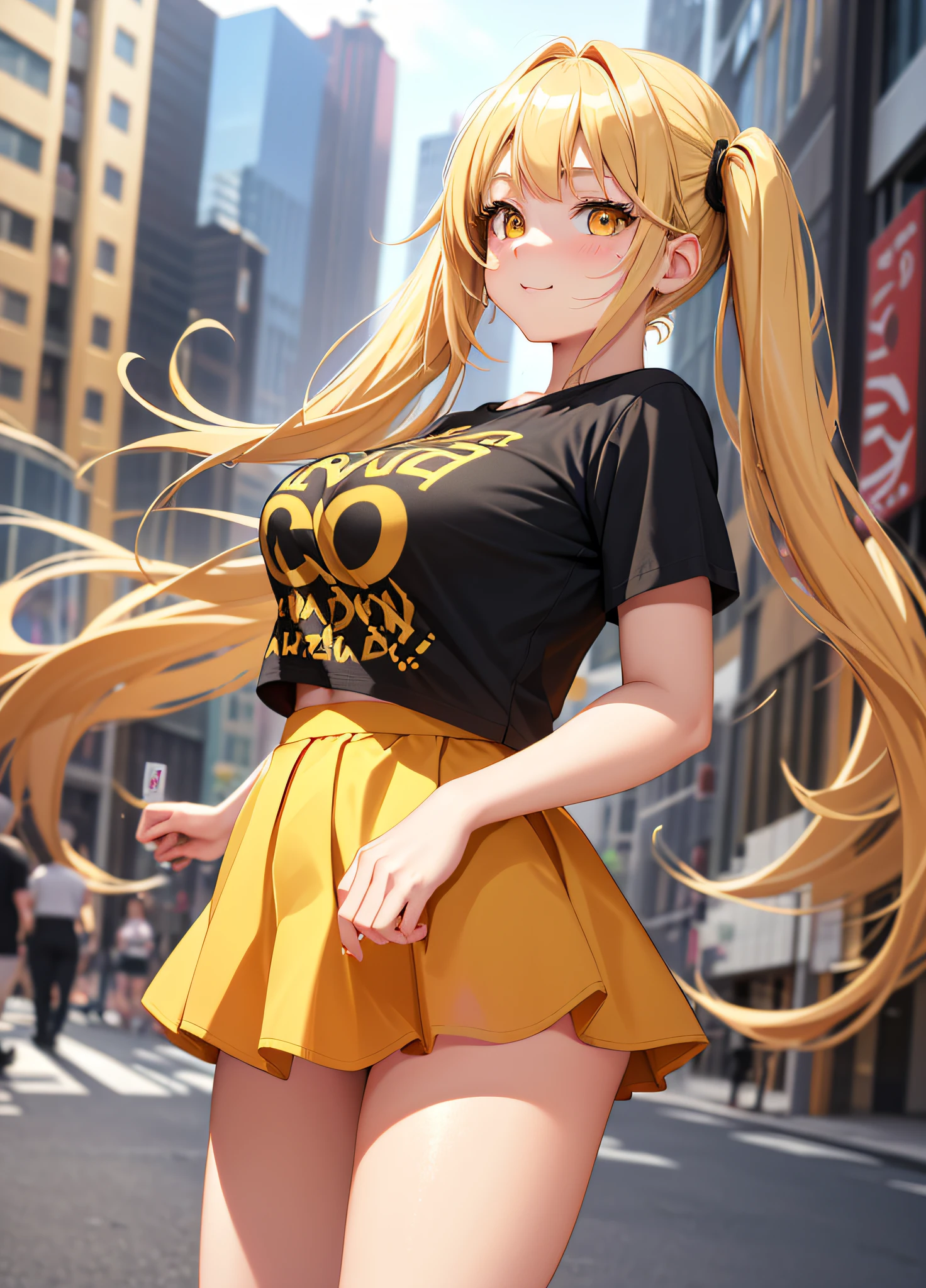 Masterpiece, Top Quality, 1girl, (Young Woman), Solo, Blonde Twin Tails, Big, Thighs, (((Golden Eyes)), Fluttering Yellow Mini Skirt, Black T-Shirt, Happy, (Embarrassing), ((Red Cheeks)), (Date in the City)