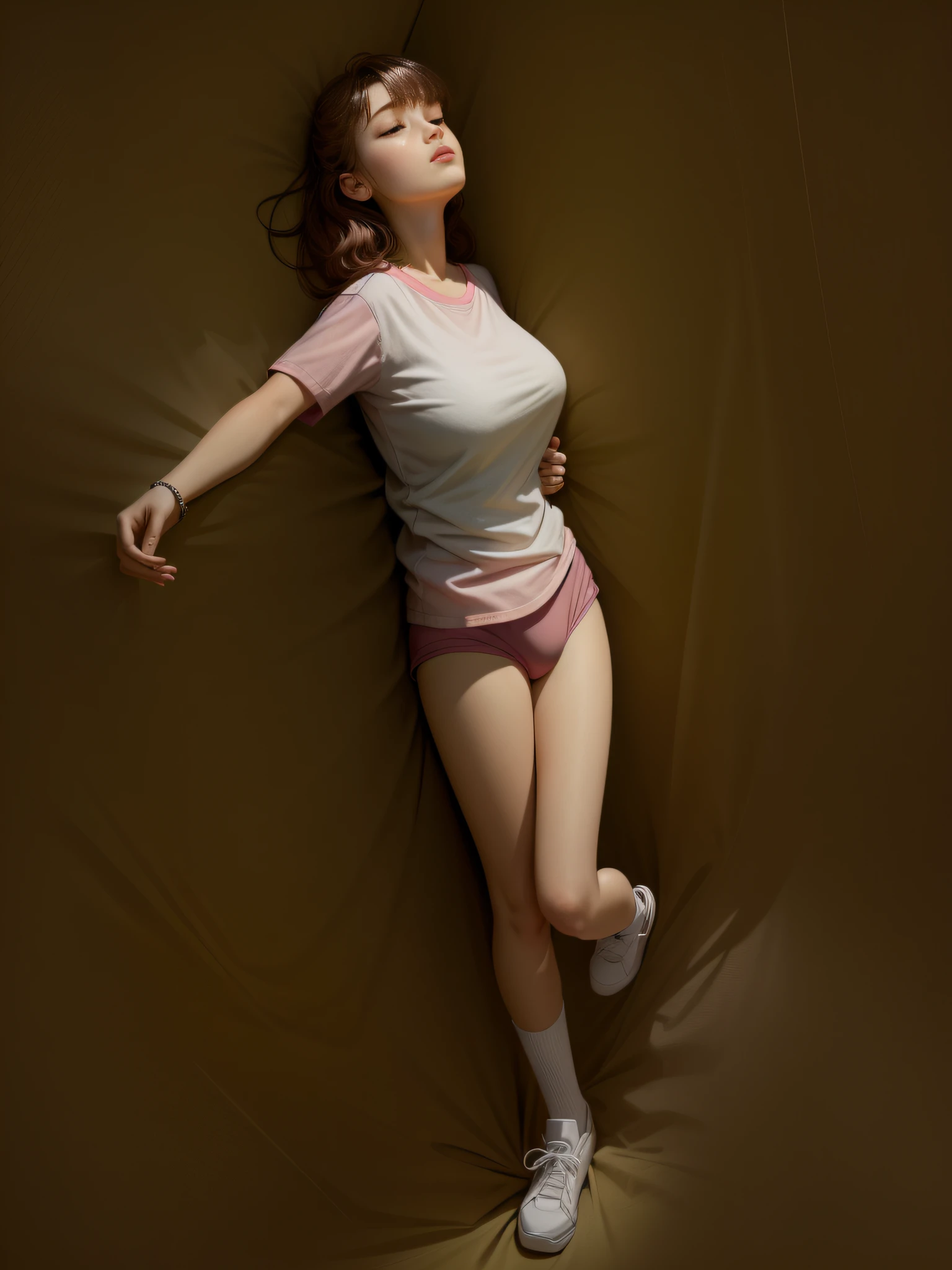 Sleeping girl, 22 years old, realistic, she is wearing long pants, she is wearing pink pajama, brown hair.