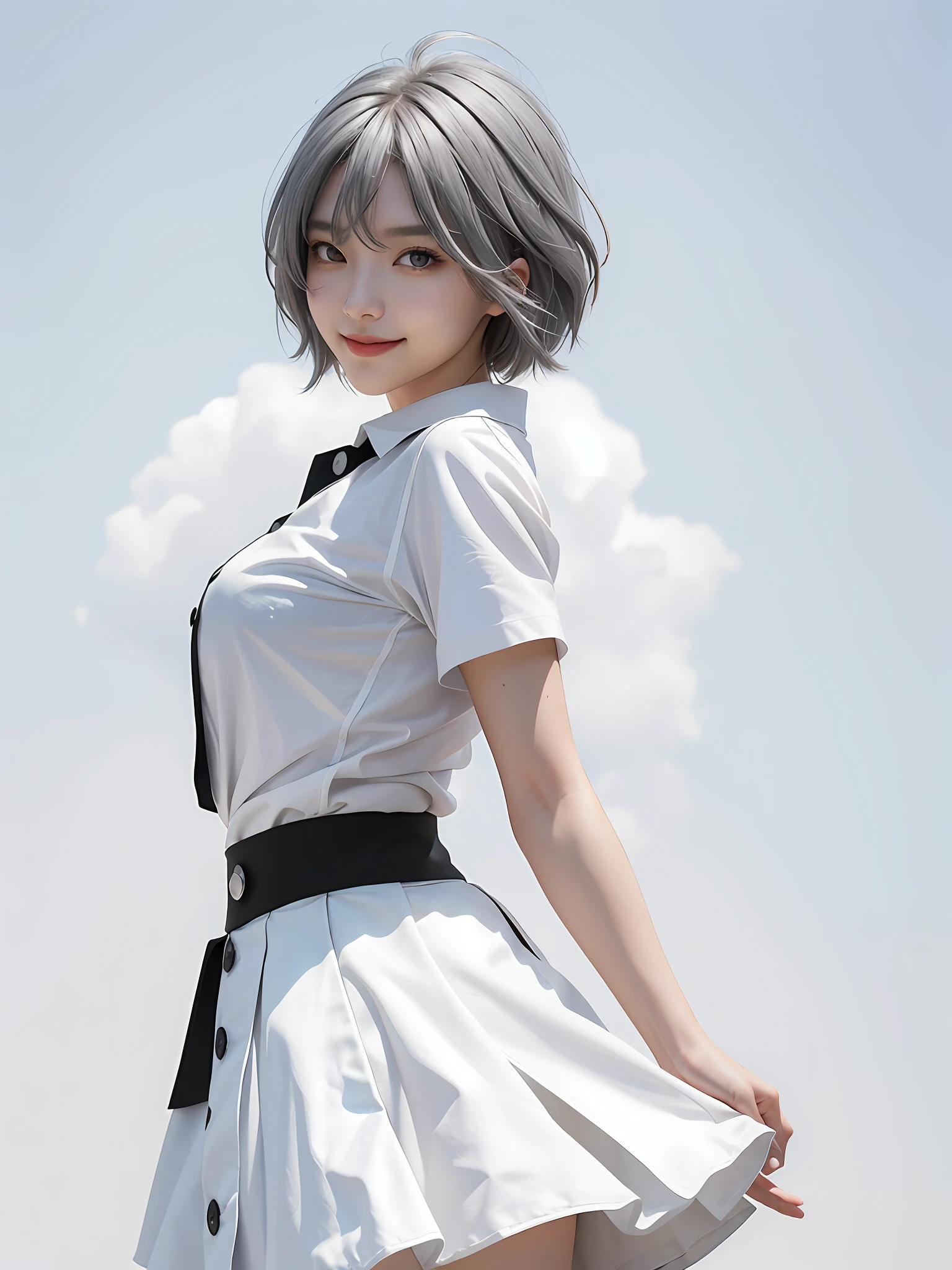 ((Masterpiece, Best Quality)), (Solo), (Female Focus), (Ahoge, Gray Hair, Short Hair), Black Eyes, Light Smile, Aperture, (White Shirt), (Button Gap), (Black Skirt), Standing, White Background, Back Arms, Dynamic Angle