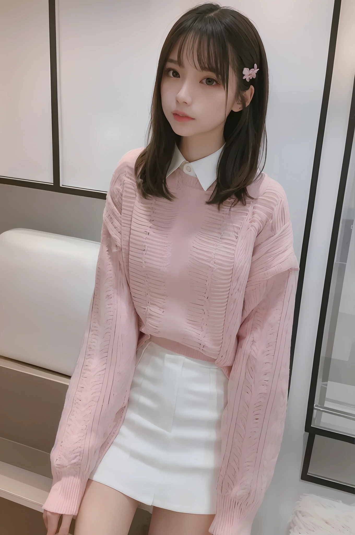 Image quality, high quality, realistic, high-quality outfits, detailed and delicate skin, perfect finger modeling, light makeup, indoors, knitted, long sleeves, pink, denim miniskirt, skinny, semi-long hair, thin legs, whitening skin