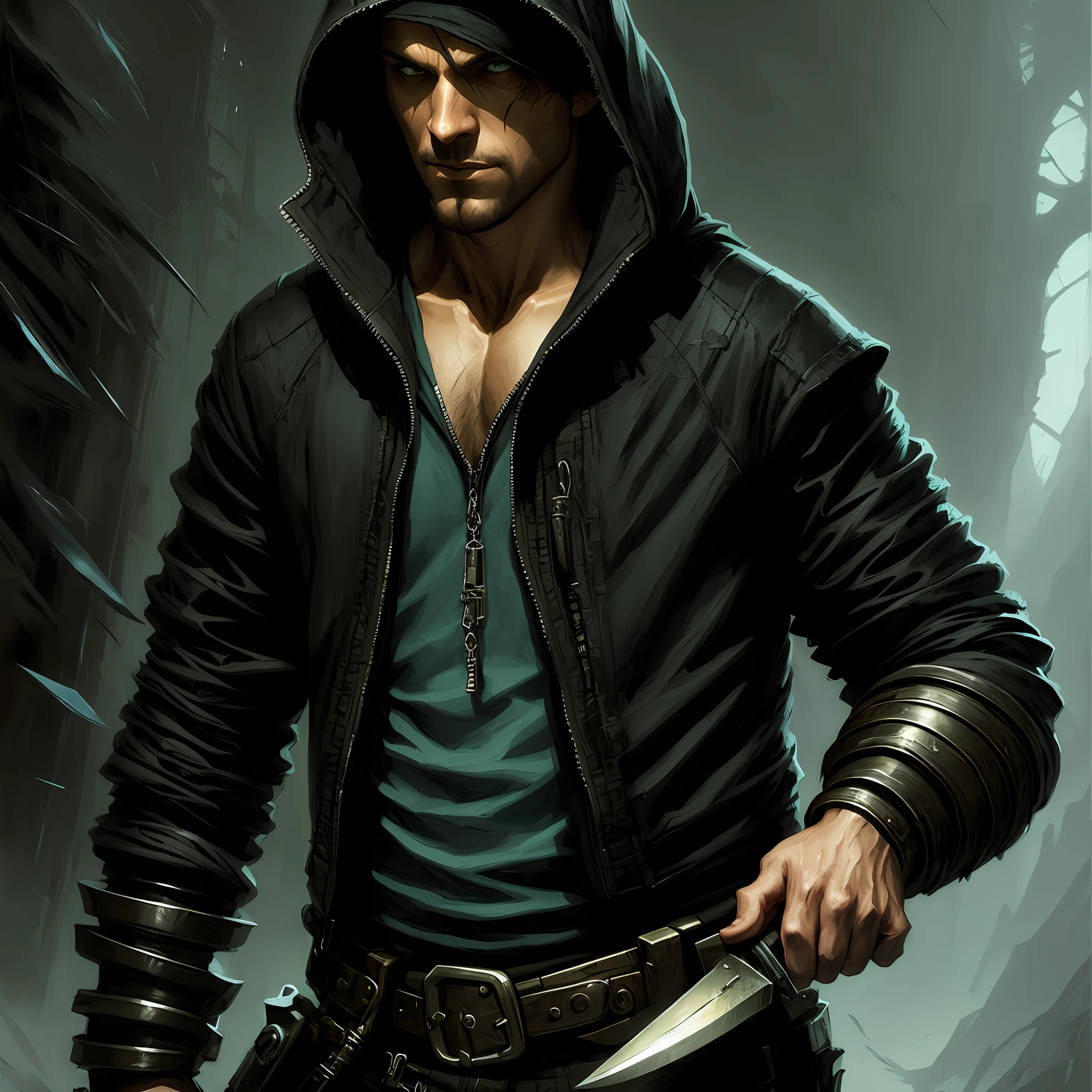 a close up of a man in a hoodedie with a knife, style of raymond swanland, epic fantasy character art, painted by andreas rocha, male warrior, skinny male fantasy alchemist, complex fantasy character,dramatic concept art