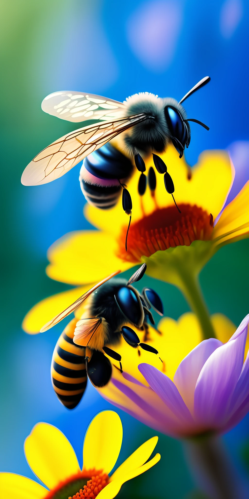 Close-up of a beautiful bee of a fairy above the nectar of a blue flower among the flowers. High quality cinematic detail