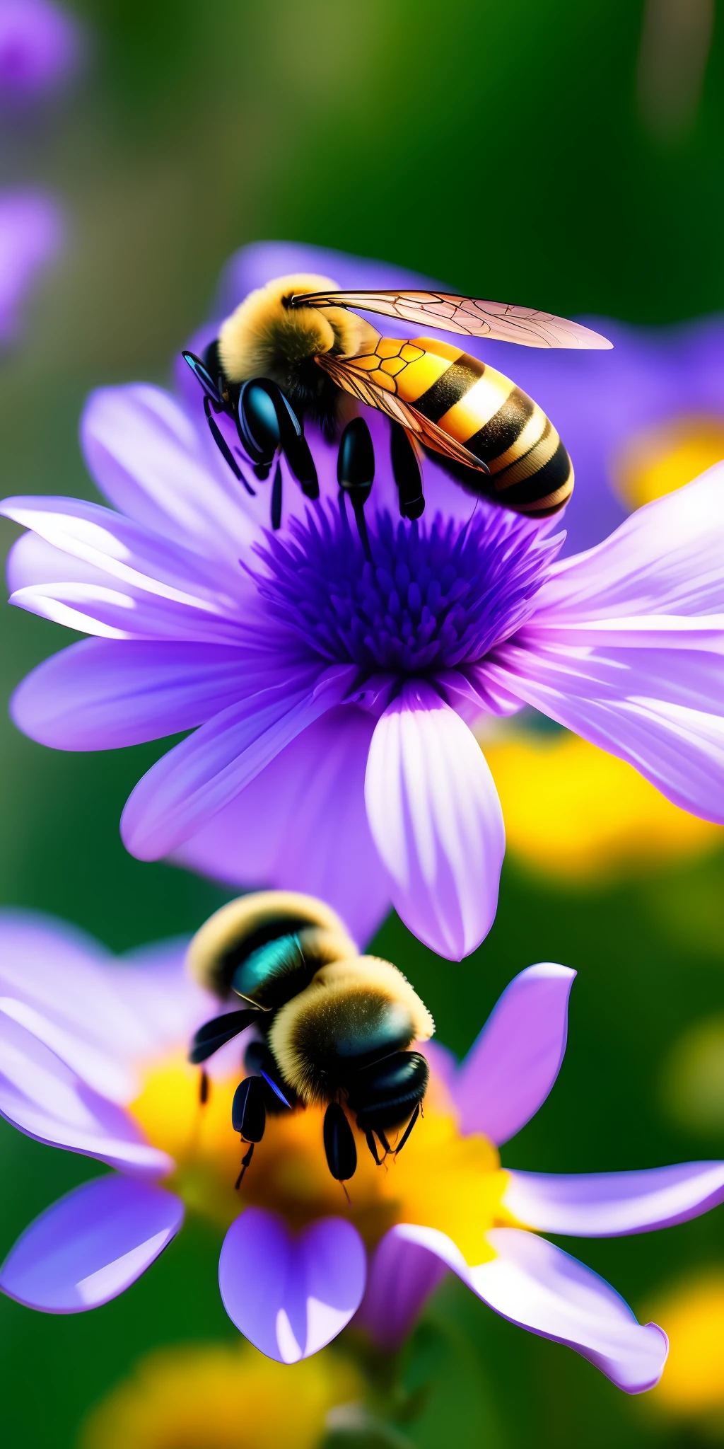 Close-up of a beautiful bee of a fairy above the nectar of a blue flower among the flowers. High quality cinematic detail