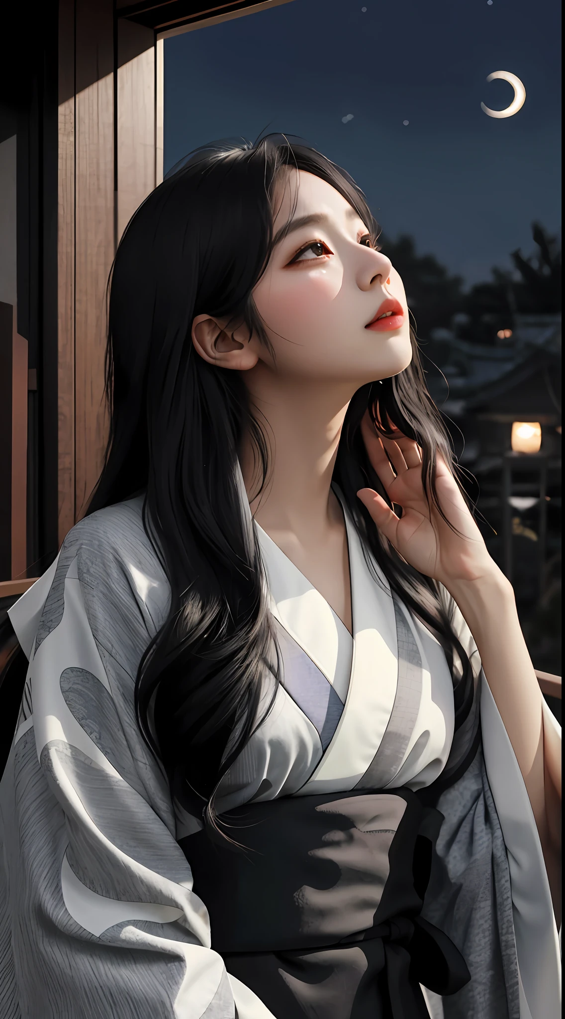 girl, one, top quality, upper body, beautiful, cute, radiant, sad, black hair straight, long hair, masterpiece, cat eyes, looking up at the moon and praying, night, tears, clothes monochrome kimono