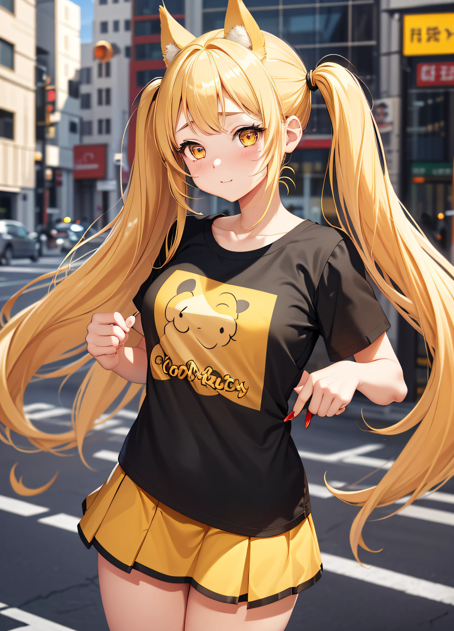 Masterpiece, Top Quality, 1girl, (Young Woman), Solo, Blonde Twin Tails, Big, Thighs, Dog Ears, (((Golden Eyes)), Fluttering Yellow Mini Skirt, Black T-Shirt, Happy, (Shy), ((Red Cheeks)), (Date in the City)