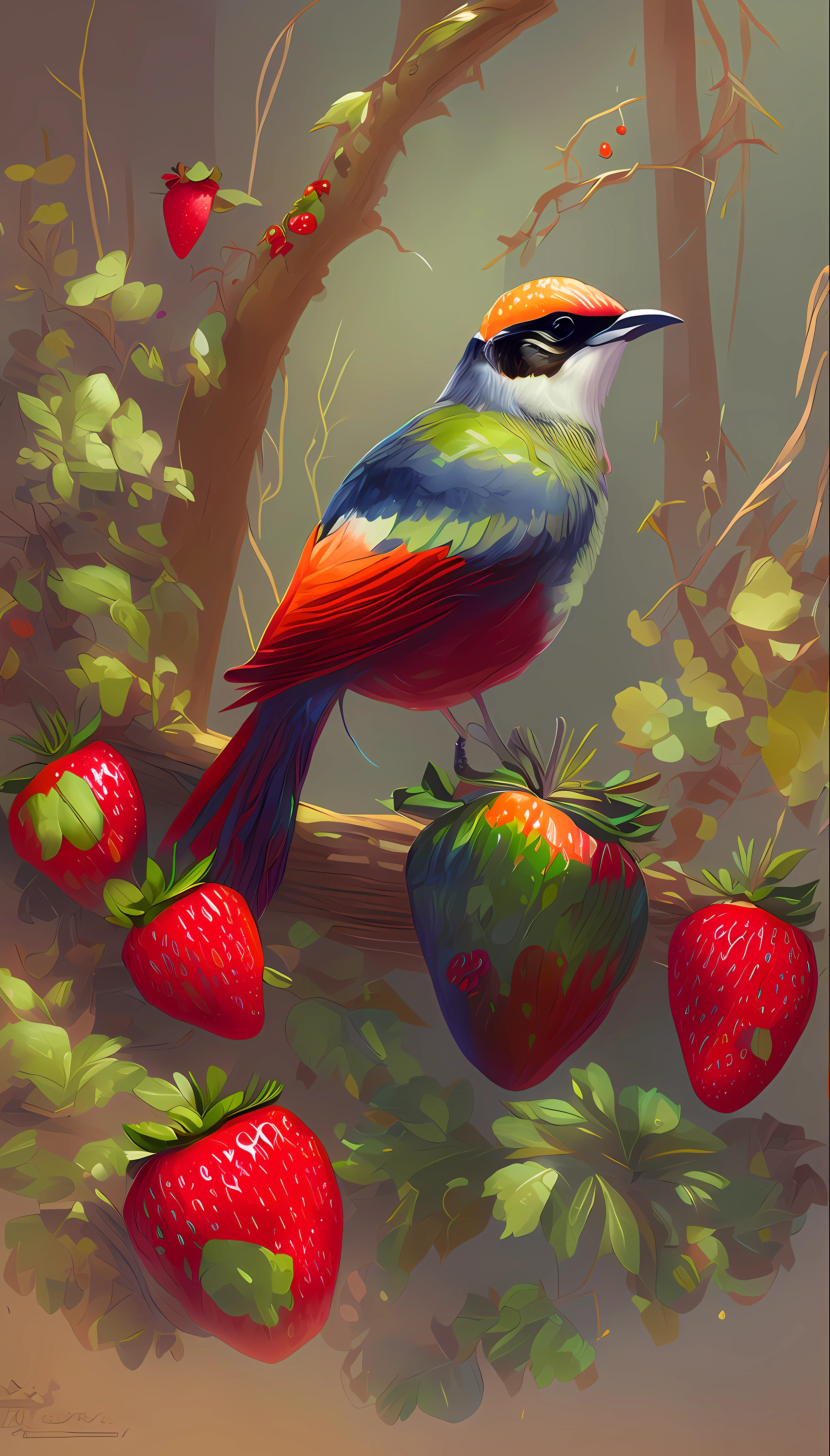 painting of a bird sitting on a branch with strawberries in the foreground, highly detailed digital painting, digital painting highly detailed, background artwork, very detailed digital painting, highly detailed digital artwork, stylized digital illustration, fruit and feathers, a beautiful artwork illustration, high quality digital painting, detailed digital painting, detailed painting 4 k, inspired by Vladimir Kush, stylized painting