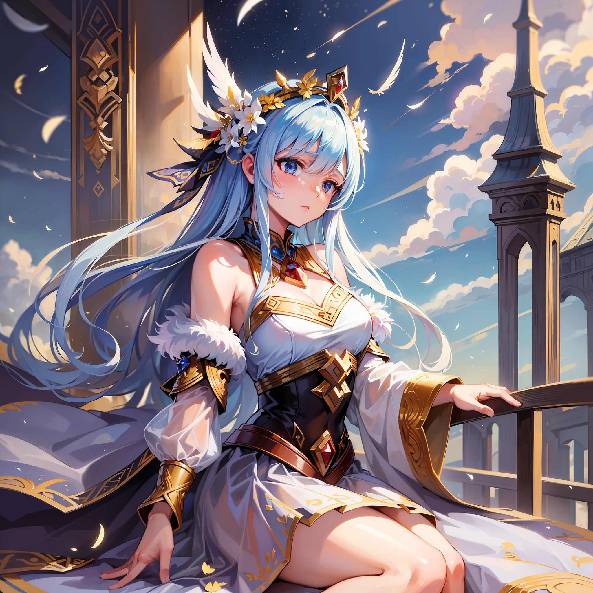 ((Masterpiece, Excellent, Super Delicate, High Resolution, Highest Quality)), daughter of the Heavenly Emperor, feathers, flames, ice and snow, flowers, stars, wind, clouds, cuteness