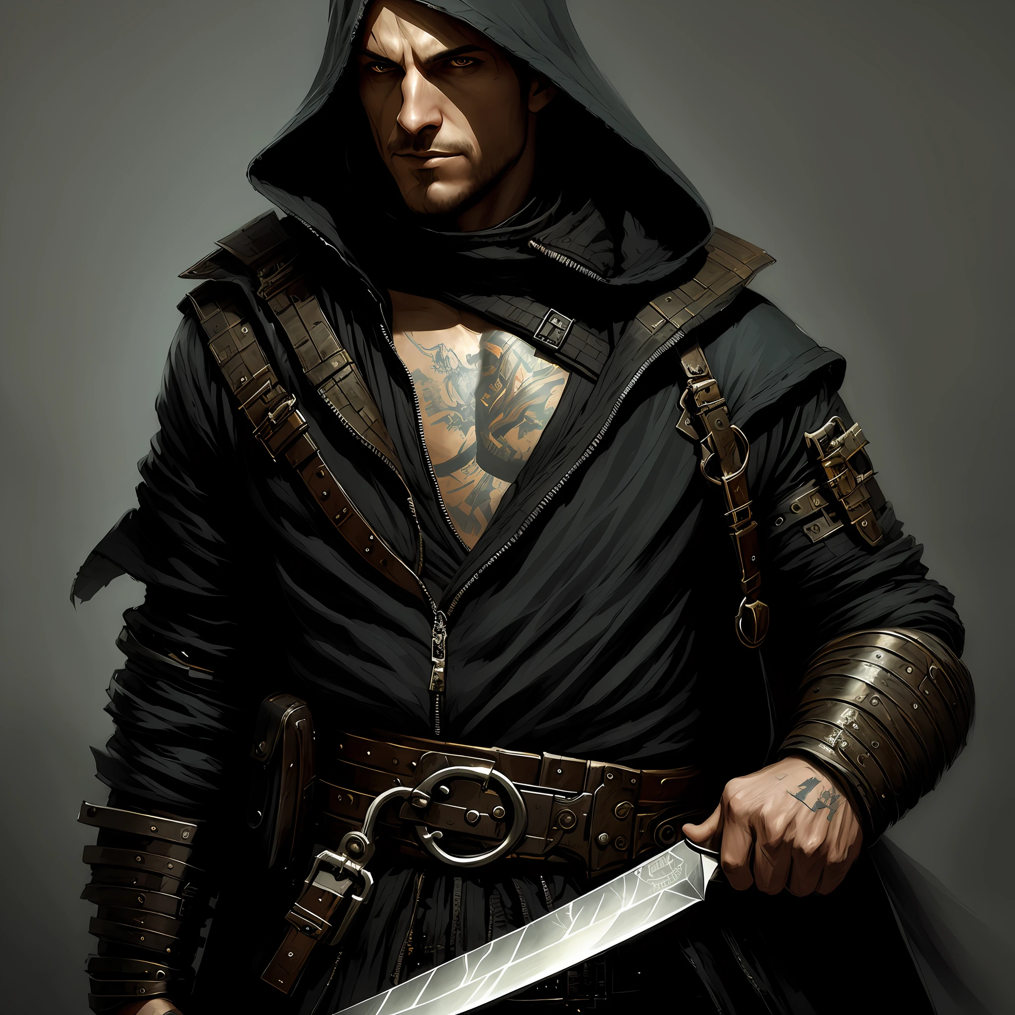 a close up of a man in a hoodedie with a knife, style of raymond swanland, epic fantasy character art, painted by andreas rocha, male warrior, skinny male fantasy alchemist, complex fantasy character,dramatic concept art