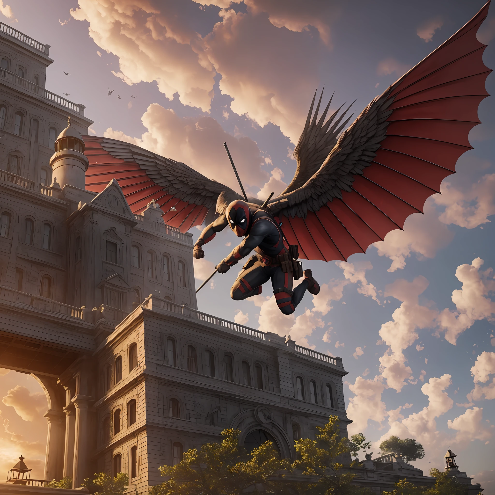 there is a deadpool sitting on a ledge of light house, watching, angels fighting each other, angels fighting, flying angels around, illuminating lighthouse, unreal engine. film still, epic cinematic shot, ryan reynolds dead pool, cinematic shot!, great composition cinematic, detailed cinematic shot, spectacular cinematic scene, ( ( unreal engine ) ), shot from cinematic, epic cinematic still, deadpool, realistic cinematic shot, cinematic movie shot, unreal engine cinematic --auto --s2