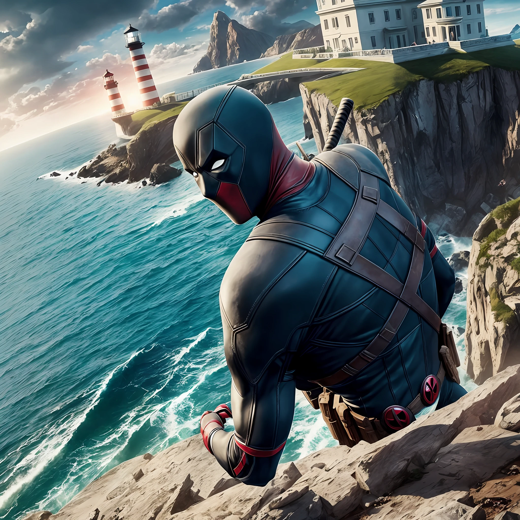 there is a deadpool sitting on a ledge of light house, watching, angels fighting each other, angels fighting, flying angels around, illuminating lighthouse, unreal engine. film still, epic cinematic shot, ryan reynolds dead pool, cinematic shot!, great composition cinematic, detailed cinematic shot, spectacular cinematic scene, ( ( unreal engine ) ), shot from cinematic, epic cinematic still, deadpool, realistic cinematic shot, cinematic movie shot, unreal engine cinematic --auto --s2