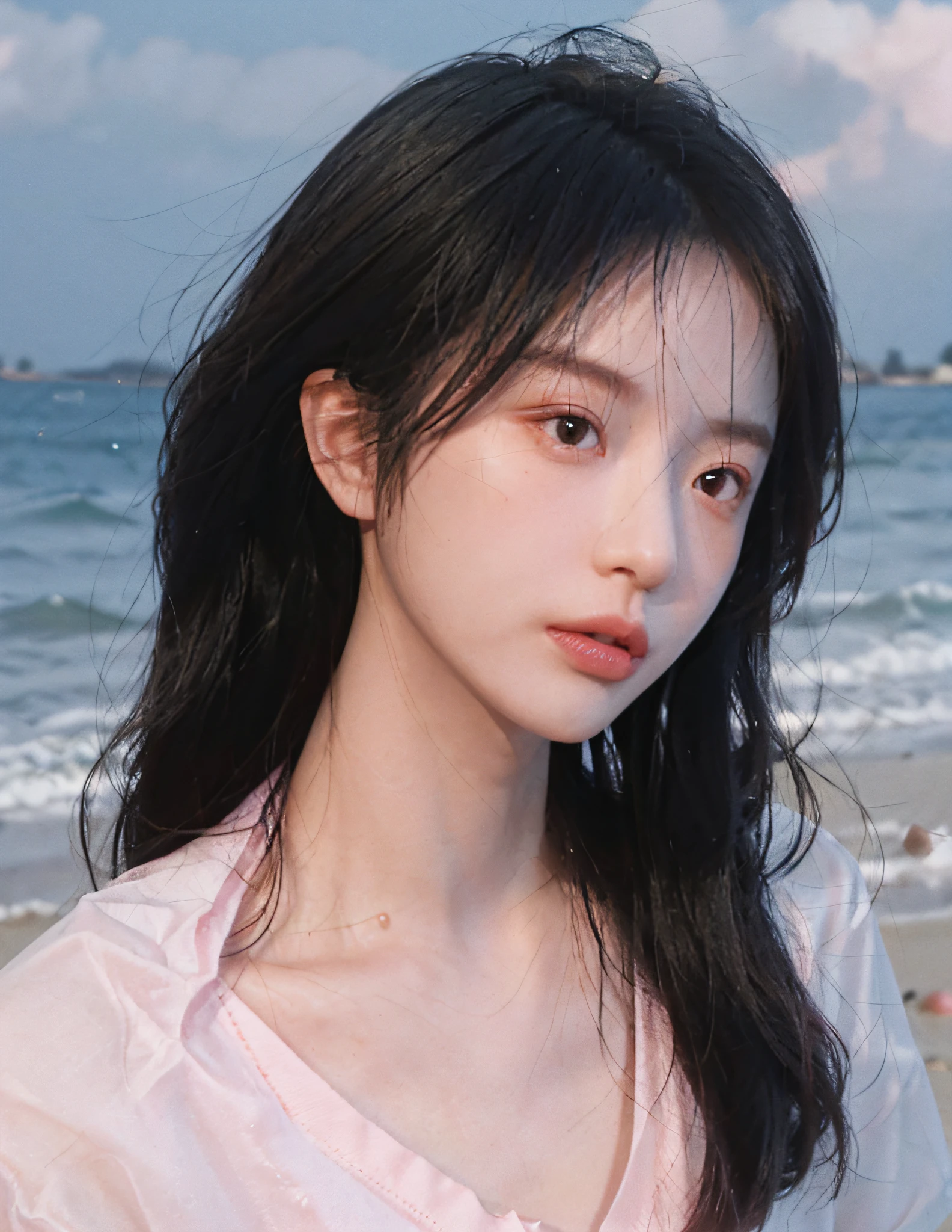 8k, RAW Photo, Best Quality, Masterpiece, High Detail RAW Color Photo, Professional Photo, (Realistic, Photorealistic Photorealism: 1.37), (High Detail Skin: 1.2), High Resolution, Beautiful Detailed Eyes, (Hard Focus: 1.4), (Clear Focus: 1.4), Realistic, (8K UHD:1.2), realistic high-quality shadows, pink pouty red lips, slender face, (wavy hair), half top knot, gray-blue wavy hair, pink eye color, suggestive appearance, (extreme face close-up), pov, ((((depth of field)), pale and shiny skin, nine-split collar shirt, 30 years old, buruma, clear waters, layers of white clouds, background blur, lens flare, (vignetting: 0.8), dramatic lighting, cinematic lighting, backlighting, professional lighting , physically based rendering, ulzzang-6500-v1.1, pureerosface_v1.