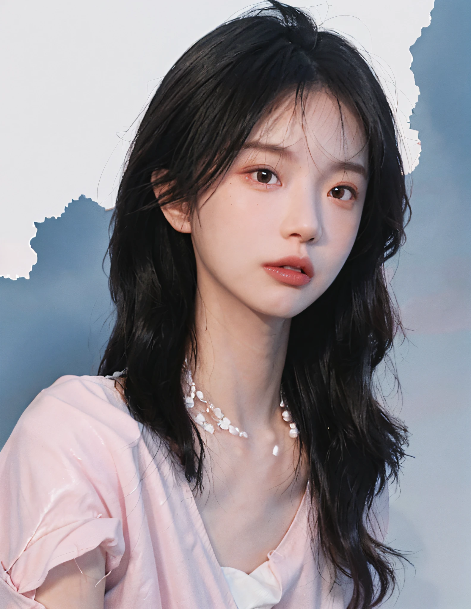 8k, RAW Photo, Best Quality, Masterpiece, High Detail RAW Color Photo, Professional Photo, (Realistic, Photorealistic Photorealism: 1.37), (High Detail Skin: 1.2), High Resolution, Beautiful Detailed Eyes, (Hard Focus: 1.4), (Clear Focus: 1.4), Realistic, (8K UHD:1.2), realistic high-quality shadows, pink pouty red lips, slender face, (wavy hair), half top knot, gray-blue wavy hair, pink eye color, suggestive appearance, (extreme face close-up), pov, ((((depth of field)), pale and shiny skin, nine-split collar shirt, 30 years old, buruma, clear waters, layers of white clouds, background blur, lens flare, (vignetting: 0.8), dramatic lighting, cinematic lighting, backlighting, professional lighting , physically based rendering, ulzzang-6500-v1.1, pureerosface_v1.