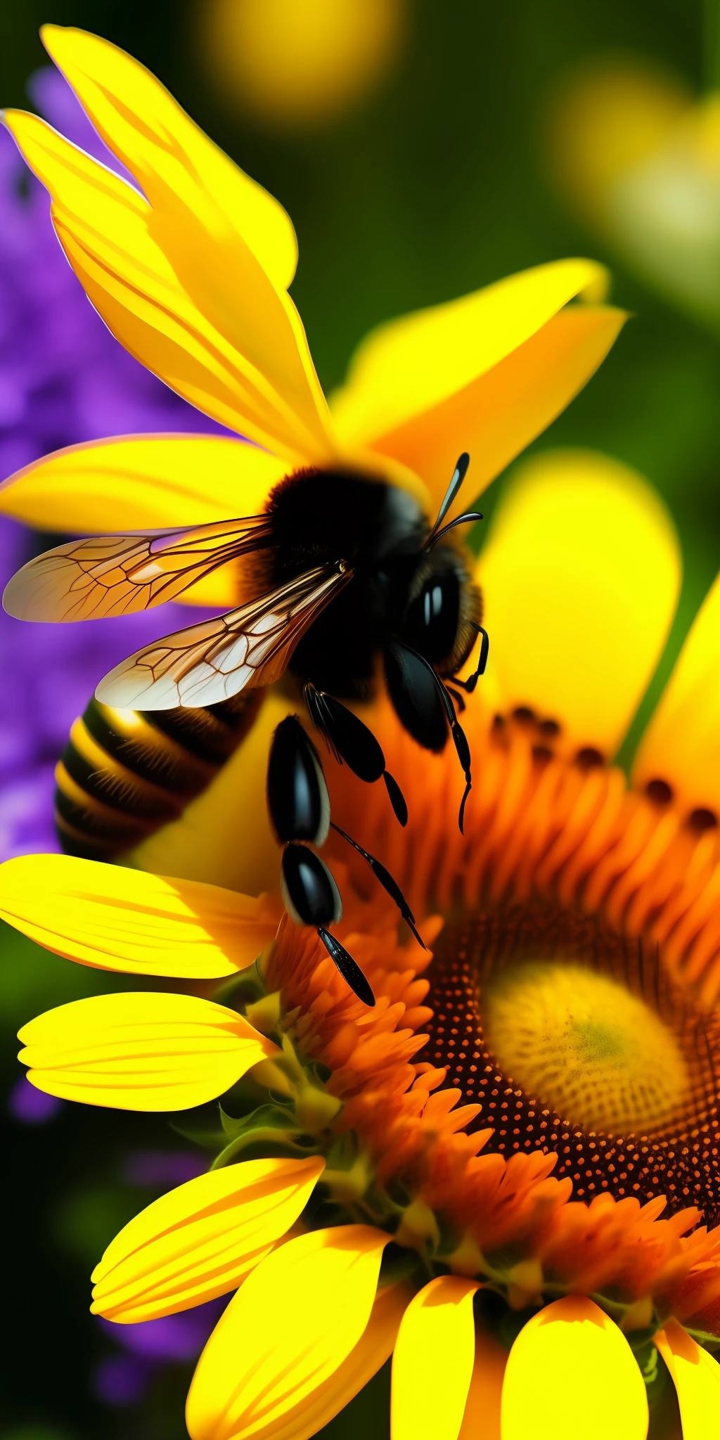 Close-up of a beautiful bee silhouette over the nectar of a sunflower among flowers, cinematic high-definition detail