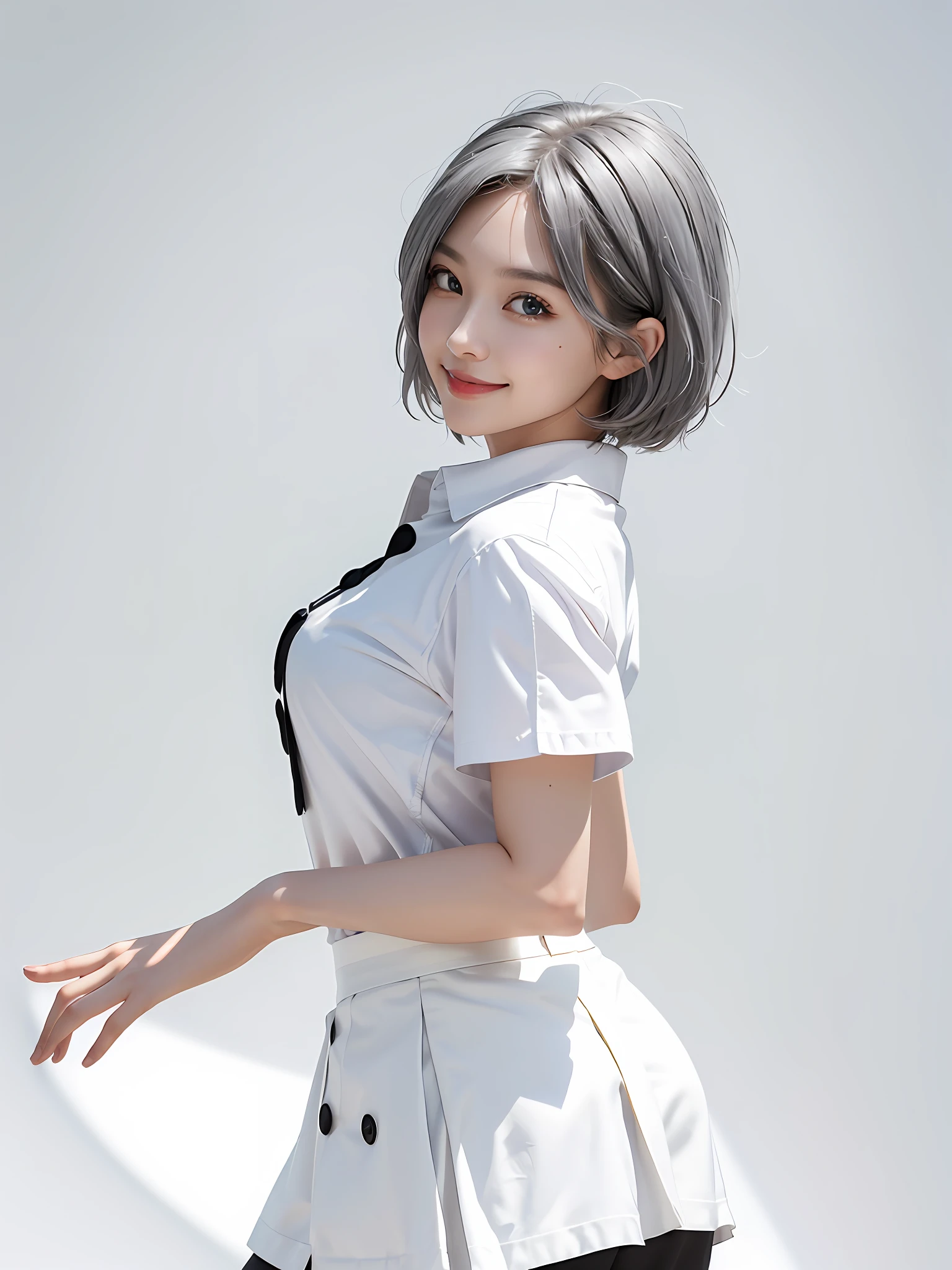 ((Masterpiece, Best Quality)), (Solo), (Female Focus), (Ahoge, Gray Hair, Short Hair), Black Eyes, Light Smile, Aperture, (White Shirt), (Button Gap), (Black Skirt), Standing, White Background, Back Arms, Dynamic Angle