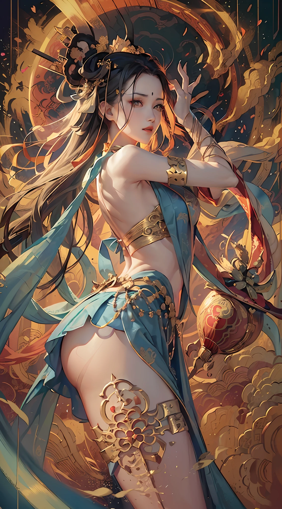 (RAW photos, best quality), (realistic, Photo Realism: 1.3), Extremely Refined and Beautiful, Amazing, Fine Detail, Masterpiece, Ultra Detail, High Resolution, (Best Illustration), (Best Shadow), Intricate, (in a crimson gold Chinese dragon, surrounded by gold dust, black flowers, trees, petals, wind, God, long wavy body, fangs, fantasy, mythology, high quality, highly detailed, masterpiece, epic, particle effects, dynamic effects, (Dragon: 1.4 in front of), clouds, storms, mountains, sunsets, clear focus, volumetric fog, 8k Ultra HD, DSLR, High quality, (Film grain: 1.4), Fujifilm XT3,Official Art, Unity 8K wallpaper, Ultra detailed, Beautiful and beautiful, Best quality, (Zen entanglement, tangled, entangled), (fractal art: 1.4), 1 girl, brunette hair, Chinese, bare shoulders, short skirt, calf, navel, very detailed, dynamic angle, denim lens, (most beautiful chaotic shape), flow, (bright colors), OC, (half: 1.2), china, (tape: 1.3), (Dream: 1.5), (Hanfu: 1.5), Chinese Dragon, (Smile: 0.5), (Chinese God), Realistic, Ultra High Resolution, Complex, Ultra Detailed, (Skin Dents), Female, Detailed Body, (Detailed Face: 1.1), (Contoured Iris), (Watercolor Lenses), (Perfect Eyes), 4K, Gorgeous, (Masterpiece: 1.2), (Best Quality: 1.2), Wide Buttocks, Thick Thighs, (Big Tits: 1.2) and (Big Tits: 1.2), Debauchery, Seductive pose.