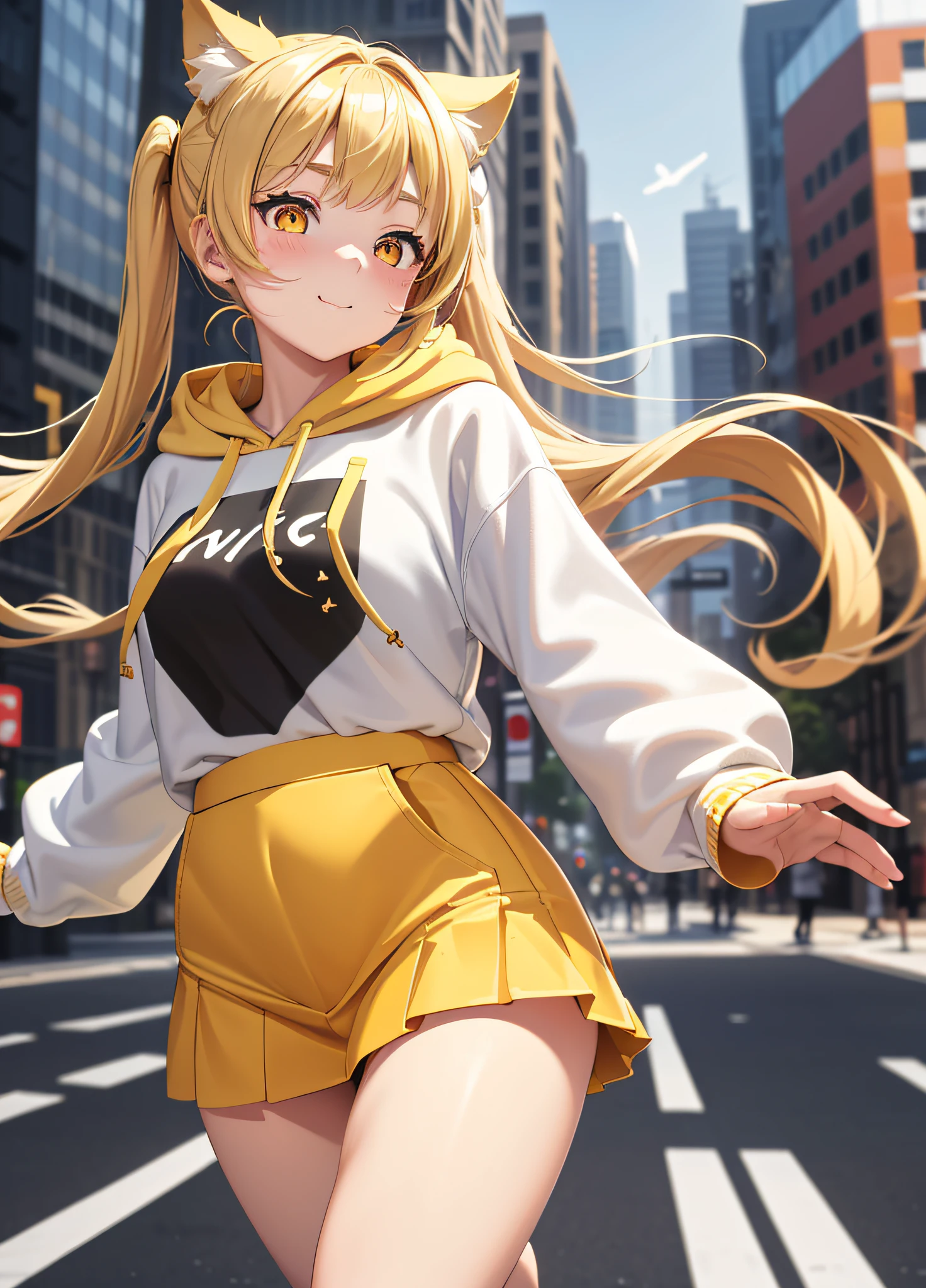 Masterpiece, Best Quality, 1girl, (Young Woman), Solo, Blonde Twin Tails, Big, Thighs, Dog Ears, (((Golden Eyes)), White Long Hoodie, Fluttering Yellow Mini Skirt, Black T-Shirt, (Happy), Shy, ((Red Cheeks)), Running, (Date in the City)