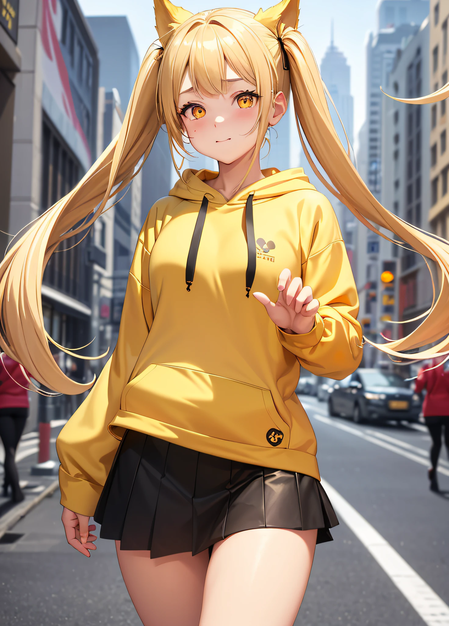 Masterpiece, Best Quality, 1girl, (Young Woman), Solo, Blonde Twin Tails, Big, Thighs, Dog Ears, (((Golden Eyes)), White Long Hoodie, Fluttering Yellow Mini Skirt, Black T-Shirt, (Happy), Shy, ((Red Cheeks)), Running, (Date in the City)