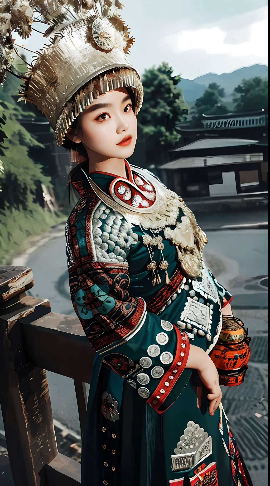 A Miao, beautiful girl, standing, tall, big eyes and melon face, beautiful and charming