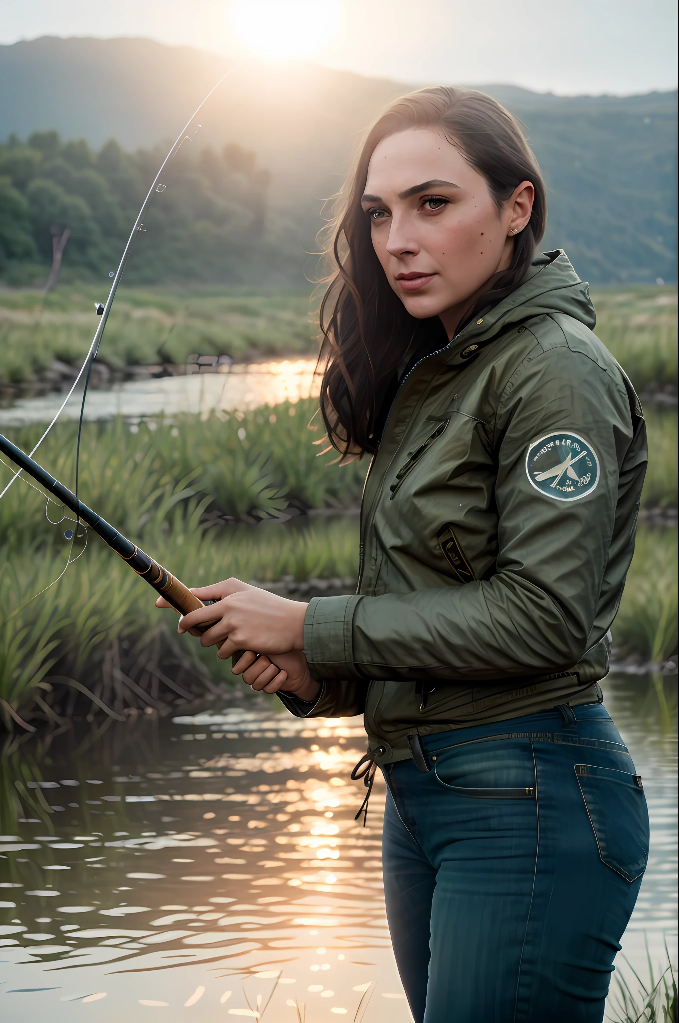 Portrait of a lovely woman (GLDOT) holding a fishing rod, reed, (backlit), reality, masterpiece, highest quality, lens flare, shadow, bloom, [[chromatic aberration]], Jeremy Lipkin, Antonio Manzanedo, digital painting, realistic fishing rod, realistic bait, super detailed bait details