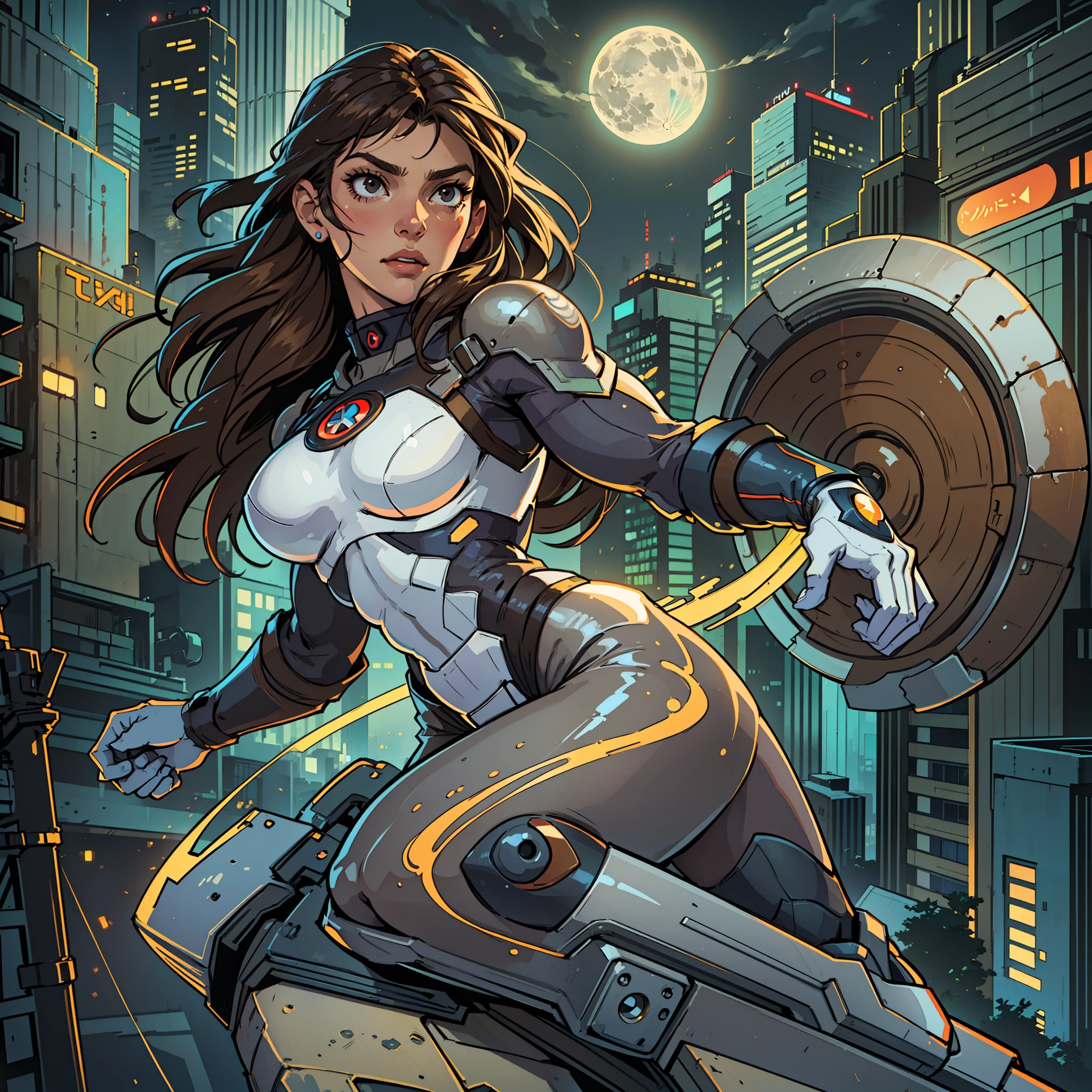 (Masterpiece, 4k resolution, ultra-realistic, very detailed), (White superhero theme, charismatic, there's a girl on top of town, wearing dark gray metal suit, with spider tweezers on her back, she's a superhero), [ ((18 years), (long brown hair:1.2), full body, (black eyes:1.2), ((dynamic pose),show of strength, jump from one building to another),  ((sandy urban environment):0.8)| (cityscape, at night, dynamic lights), (full moon))] # Explanation: The Prompt mainly describes a 4K painting of ultra-high definition, very realistic, very detailed. It shows a superheroine at the top of the city, wearing a metal suit glued to her body. The subject in the painting is a white superhero theme, the female protagonist has long brown hair, is 18 years old and her entire body is shown in the painting. In terms of portraying the actions of superheroines. --auto --s2