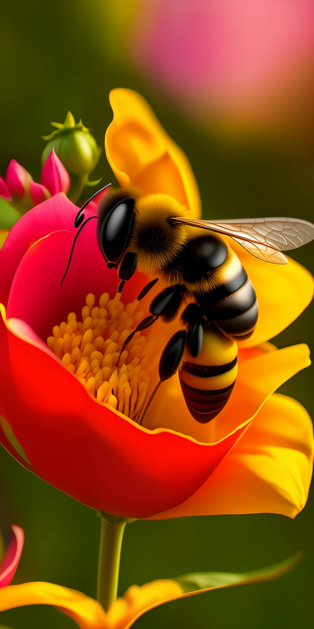 Close-up of a beautiful bee silhouette above the nectar of a rose flower among flowers, cinematic high definition detail