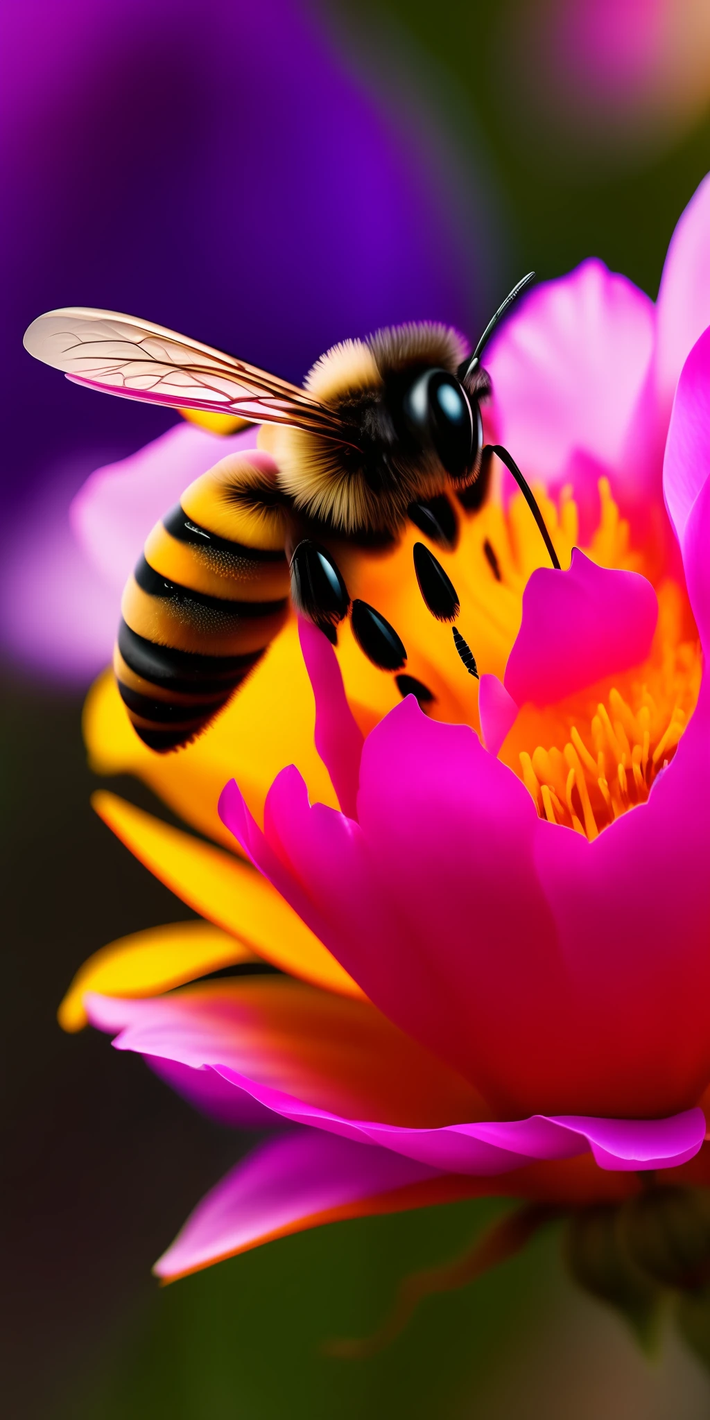 Close-up of a beautiful bee silhouette above the nectar of a rose flower among flowers, cinematic high definition detail