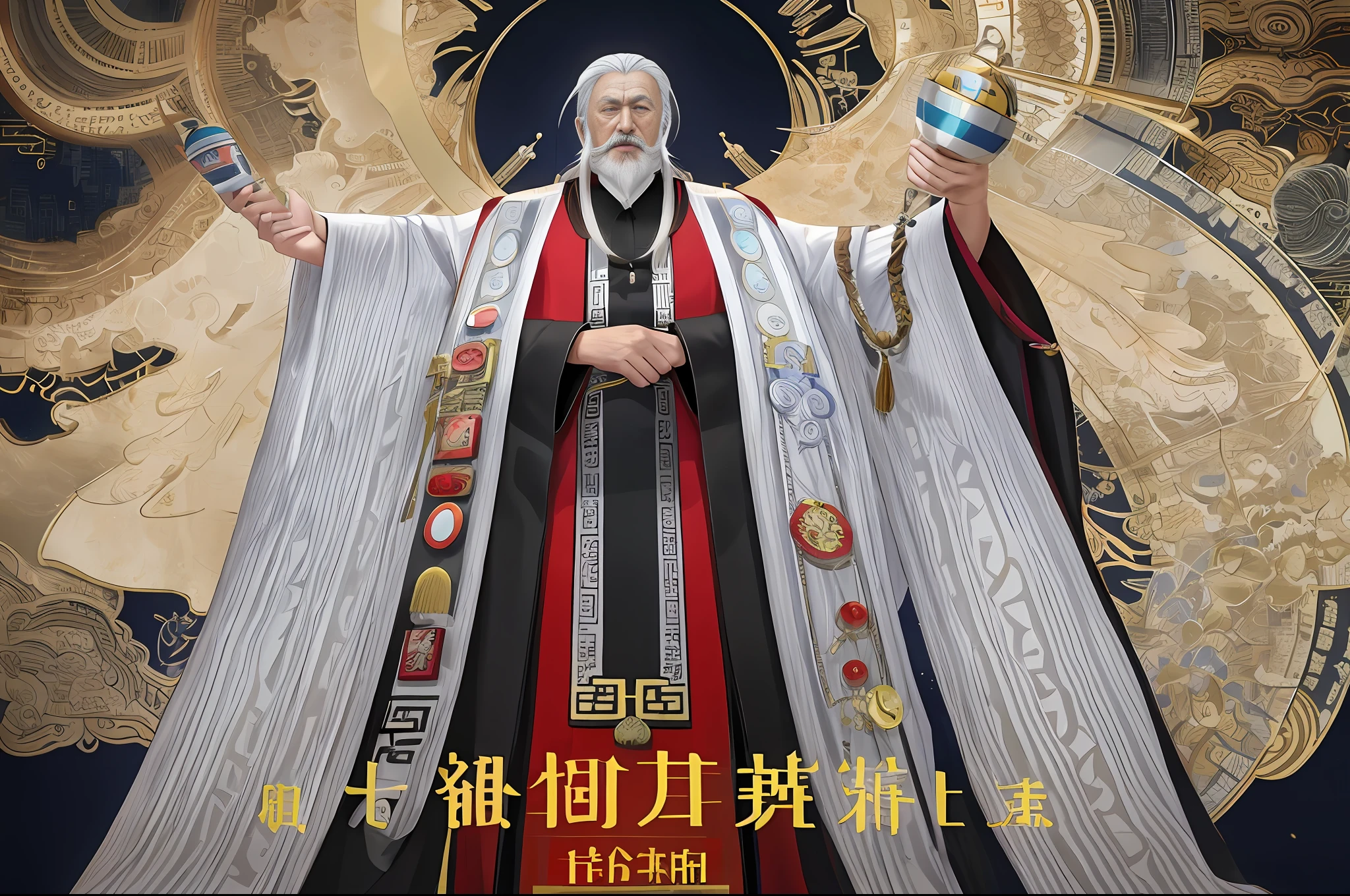 An authoritative old man, full body photo, Chinese face, silver striped hair, long white beard, outlining a vicissitudes and rich face. There was wisdom and a hint of exhaustion in his piercing gray eyes. He often wore flowing robes decorated with intricate symbols, high status, standing on the podium, with his hands on his back, many people watching, exterior, Chinese fairy style.