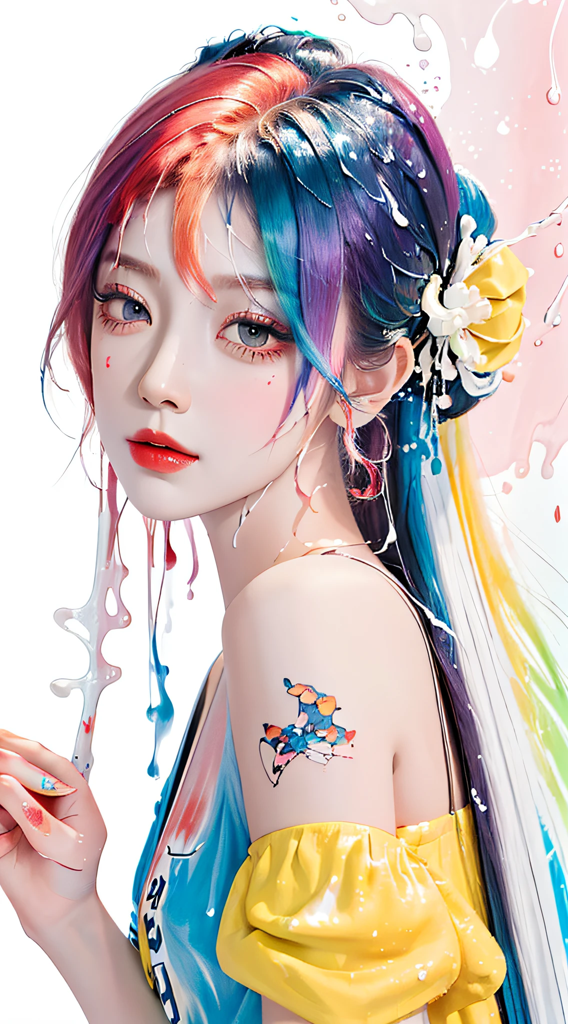 (Masterpiece, Best Quality, High Resolution), White Background, ((Paint Splash, Color Splash, Splash of Ink, Color Splash)),, Sweet Chinese Girl, Rainbow Hair, Peach Lips, Front, Upper Body