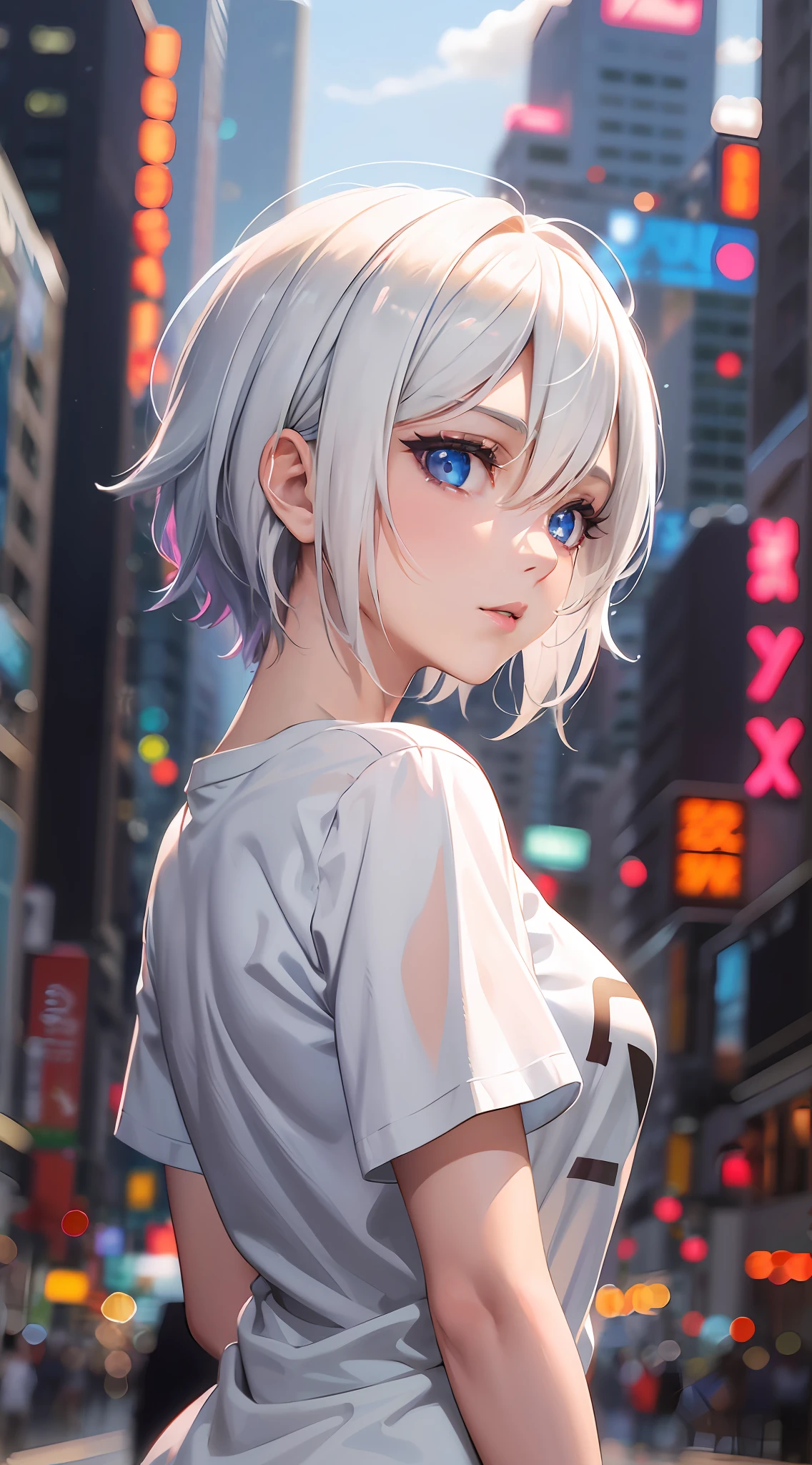 Anime girl with white hair and blue eyes, delicate face, city traffic, angel face, seductive anime girl, T-shirt, upper body side face, 4k HD image, advanced digital anime art, orange background, short hair, neon sign, (masterpiece, high quality: 1), Tyndall effect