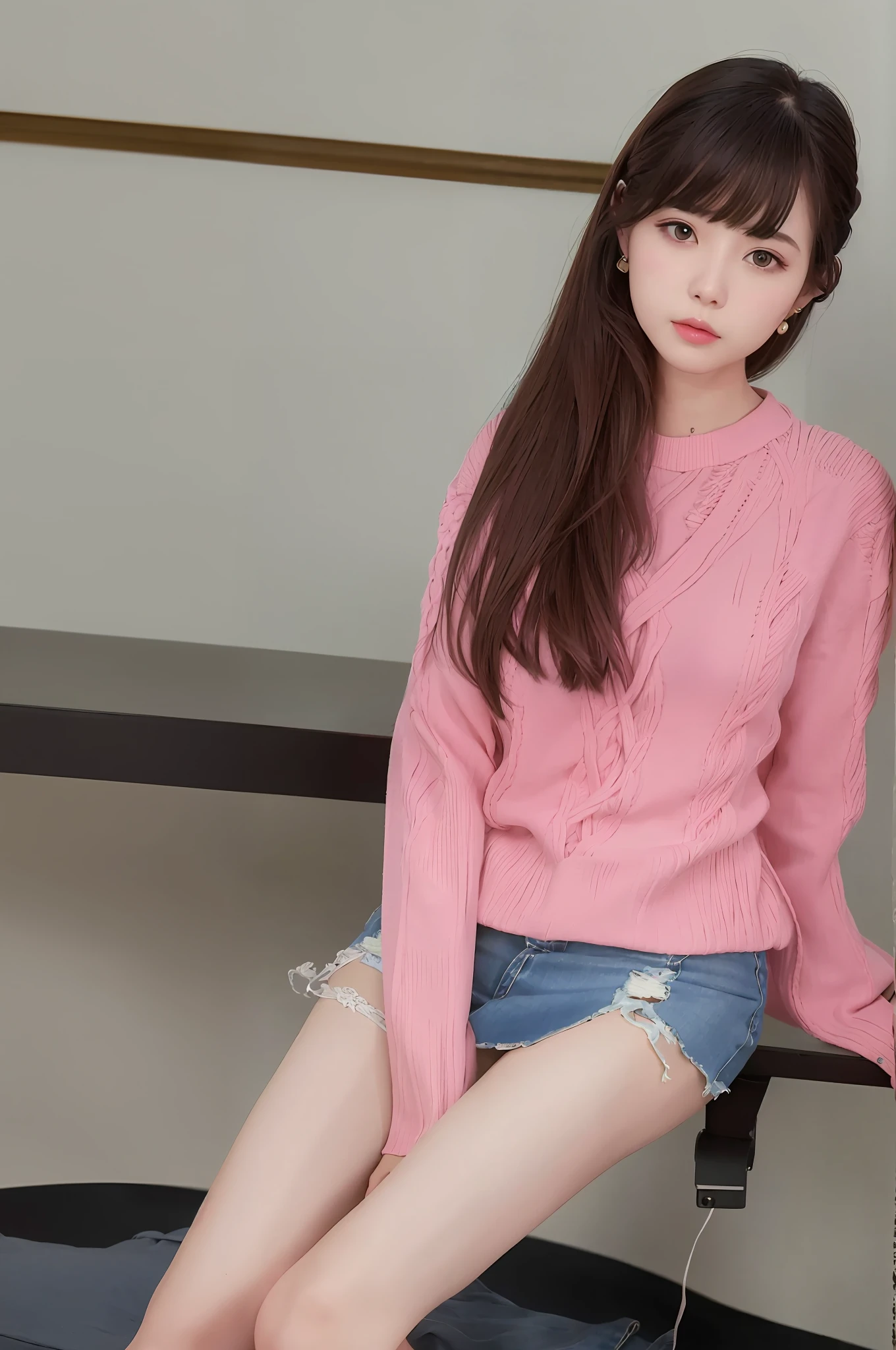 Image quality, high quality, realistic, high-quality outfit, detailed and delicate skin, light makeup, indoors, knitted, long sleeves, pink, denim mini skirt, skinny, semi-long hair, thin legs, whitening skin