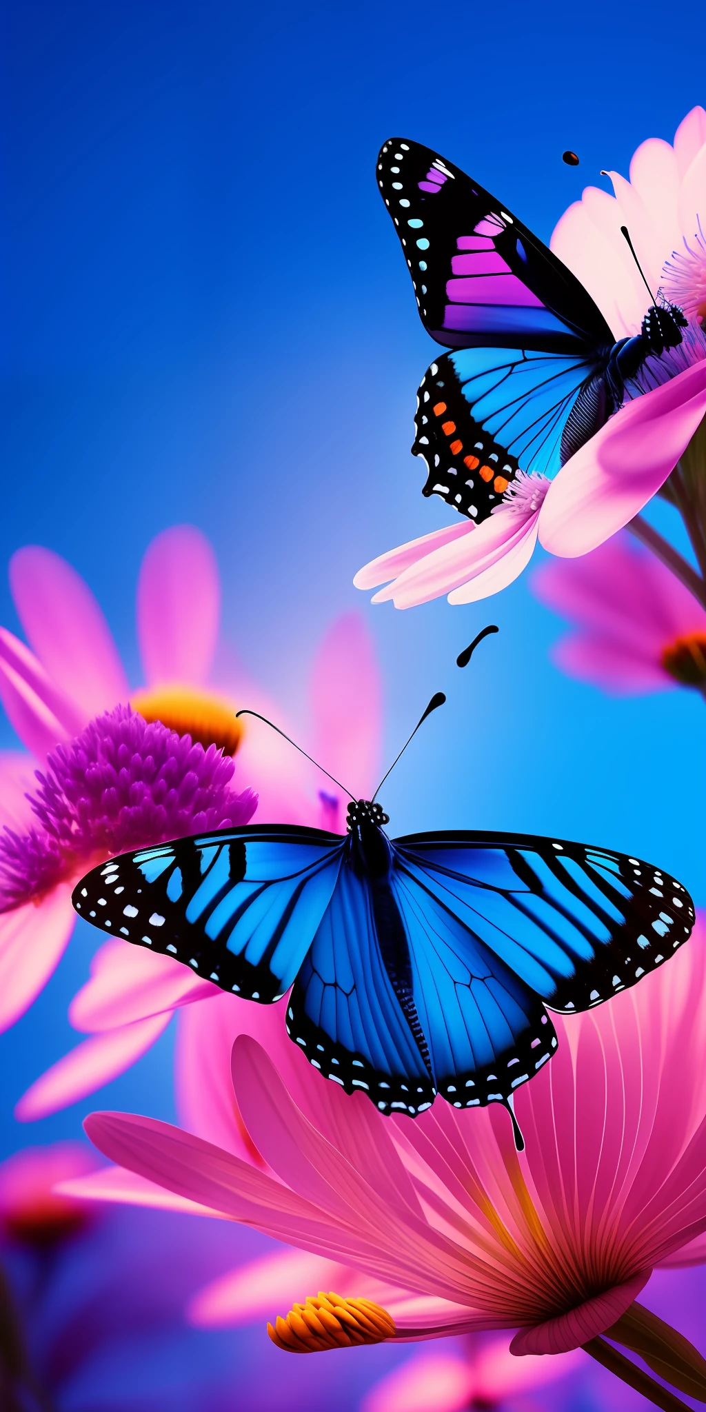 Close up of beautiful blue butterfly silhouette over flower nectar. Cinematic HD detail