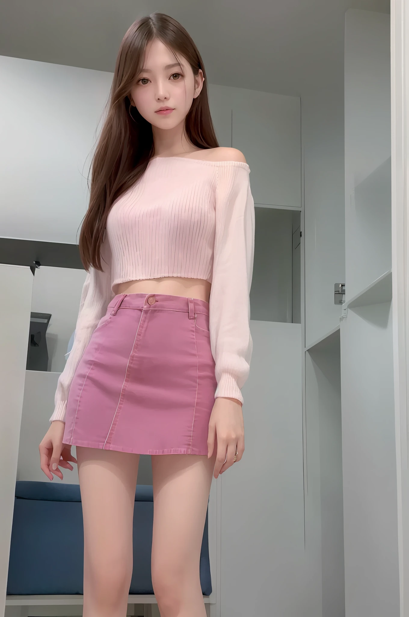 Image quality, high quality, realistic, high-quality outfits, detailed and delicate skin, perfect finger modeling, light makeup, indoors, knitted, long sleeves, pink, denim miniskirt, skinny, semi-long hair, thin legs, whitening skin