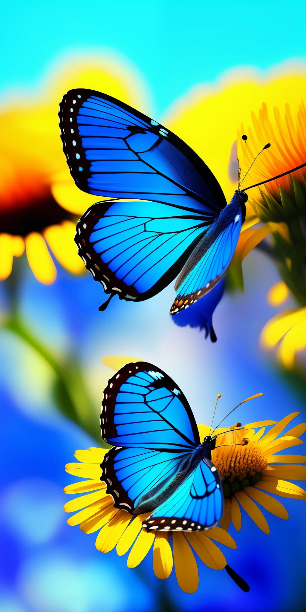 Close up of beautiful blue butterfly silhouette over flower nectar. Cinematic HD detail