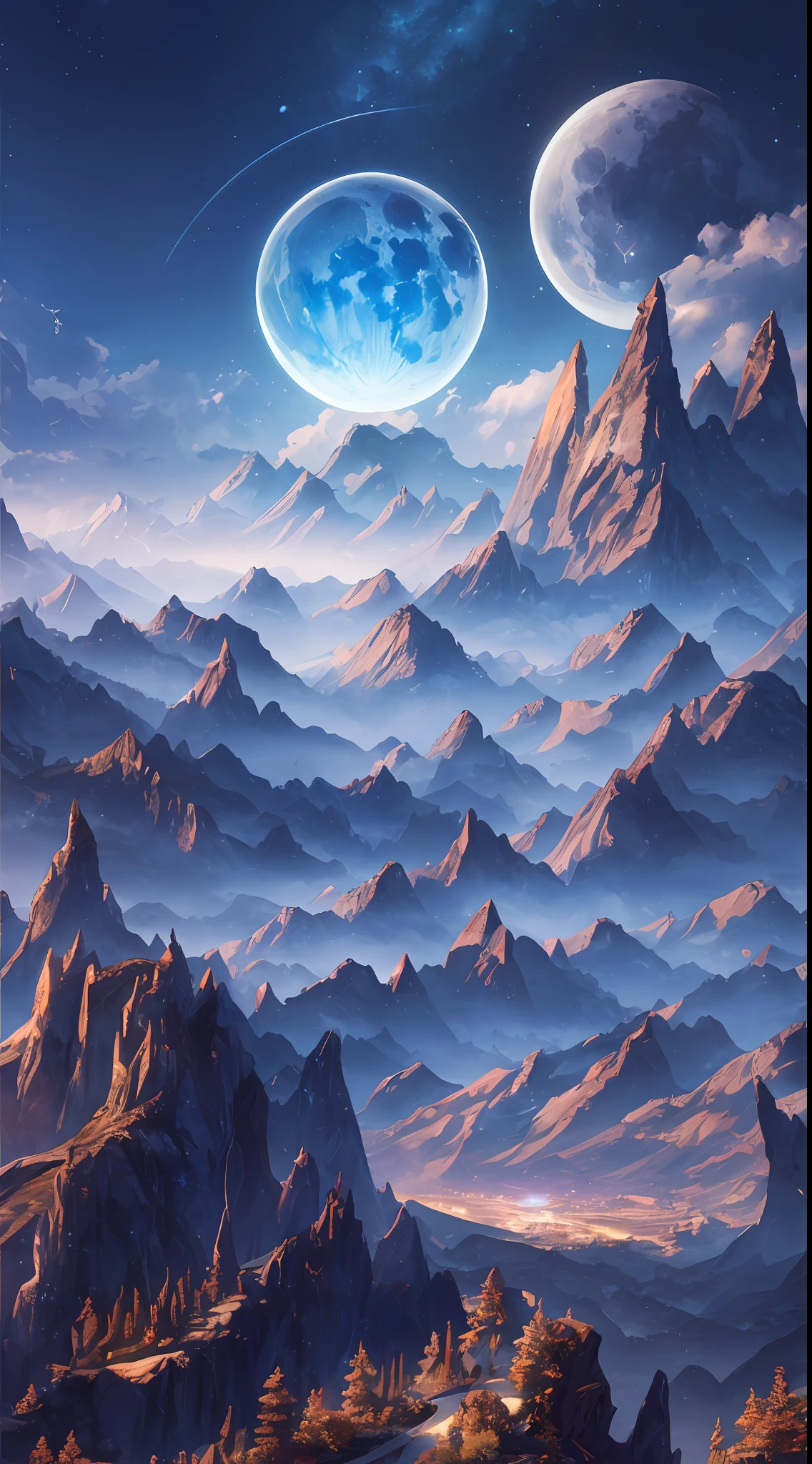 Masterpiece, best quality, high quality, extremely detailed CG unified 8k wallpaper, landscape, outdoors, sky, clouds, night, cloudy, big moon, huge stone wall hidden in the mountains, a group of people trying to open it, award winning photography, background bokeh, depth of field, HDR, bloom, chromatic aberration, realism, very detailed, artstation trend, cGSociety trend, intricate, high detail, drama, halfway art --auto --s2