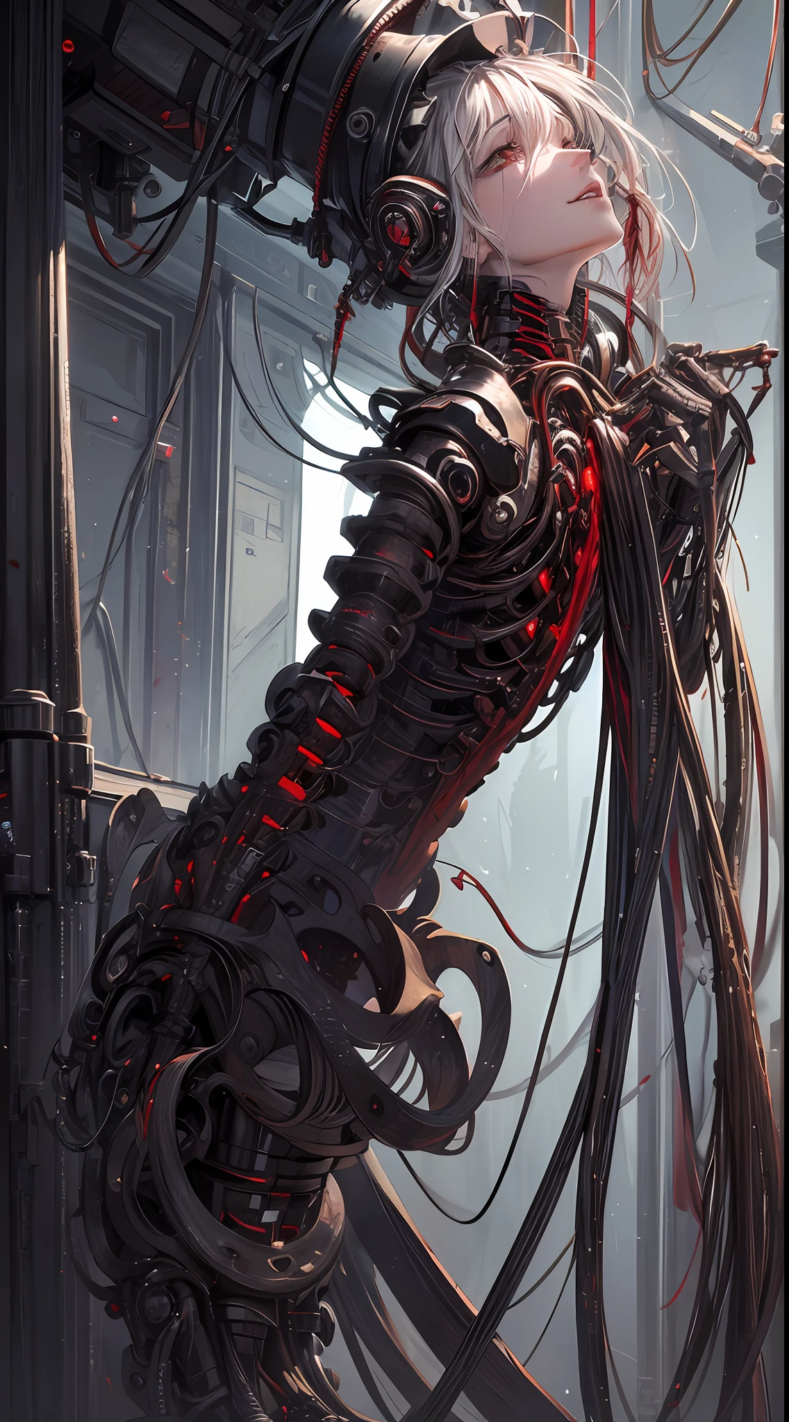 (((Masterpiece))), ((Best Quality)), (Super Detail), (CG Illustration), (Very Evil and Beautiful)), Cinematic Light, ((1 Mechanical Girl)), Single, (Mechanical Art: 1.4), ((Mechanical limb)), (Blood vessel attached to a tube), ((Mechanical spine attached to the back)), ((Mechanical cervical vertebrae attached to the neck), (Back to the viewer)), expressionless, ( wires and cables attached to the head and body: 1.5), Science Fiction, Apocalypse, Ruins, (Lower Body Integrated with Mechanical Devices), (Blood: 1.5), Cruelty, Absurdity, Eroglotesque, Fusion with Machines, Doomsday Time, Super Future, Inorganic, Laboratory, Restraints