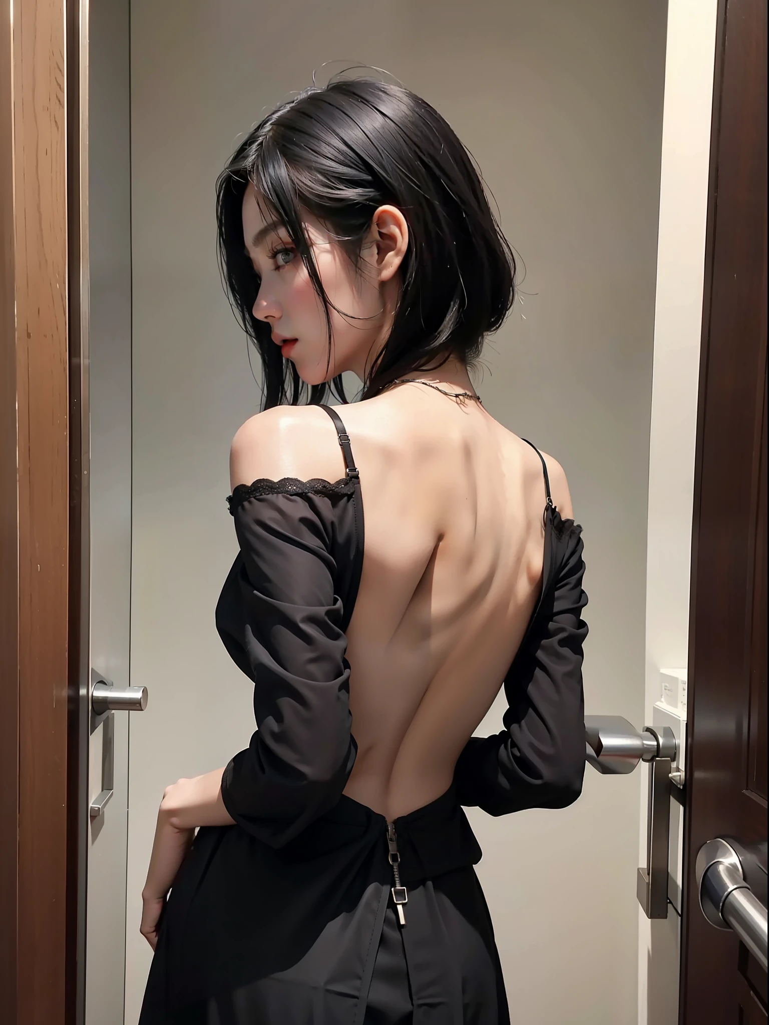 1girl, Korean female, 21 years old, short black hair, straight hair, wearing black backless dress, 8k, delicate facial features, sexy, slim body, back to me, hips