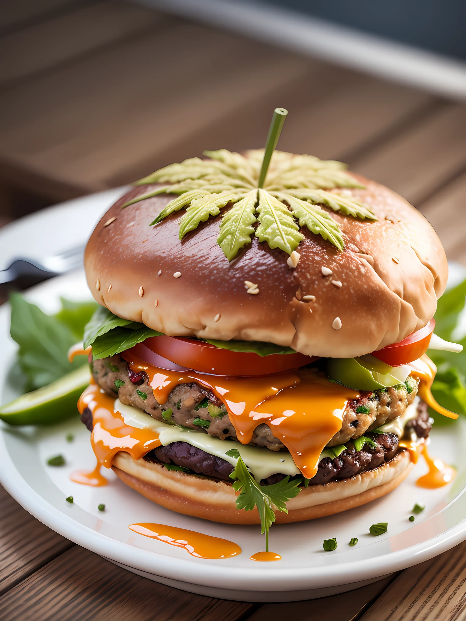 Cannabis burger, stylish restaurant, high quality Realistic, photo and marijuana on the plate