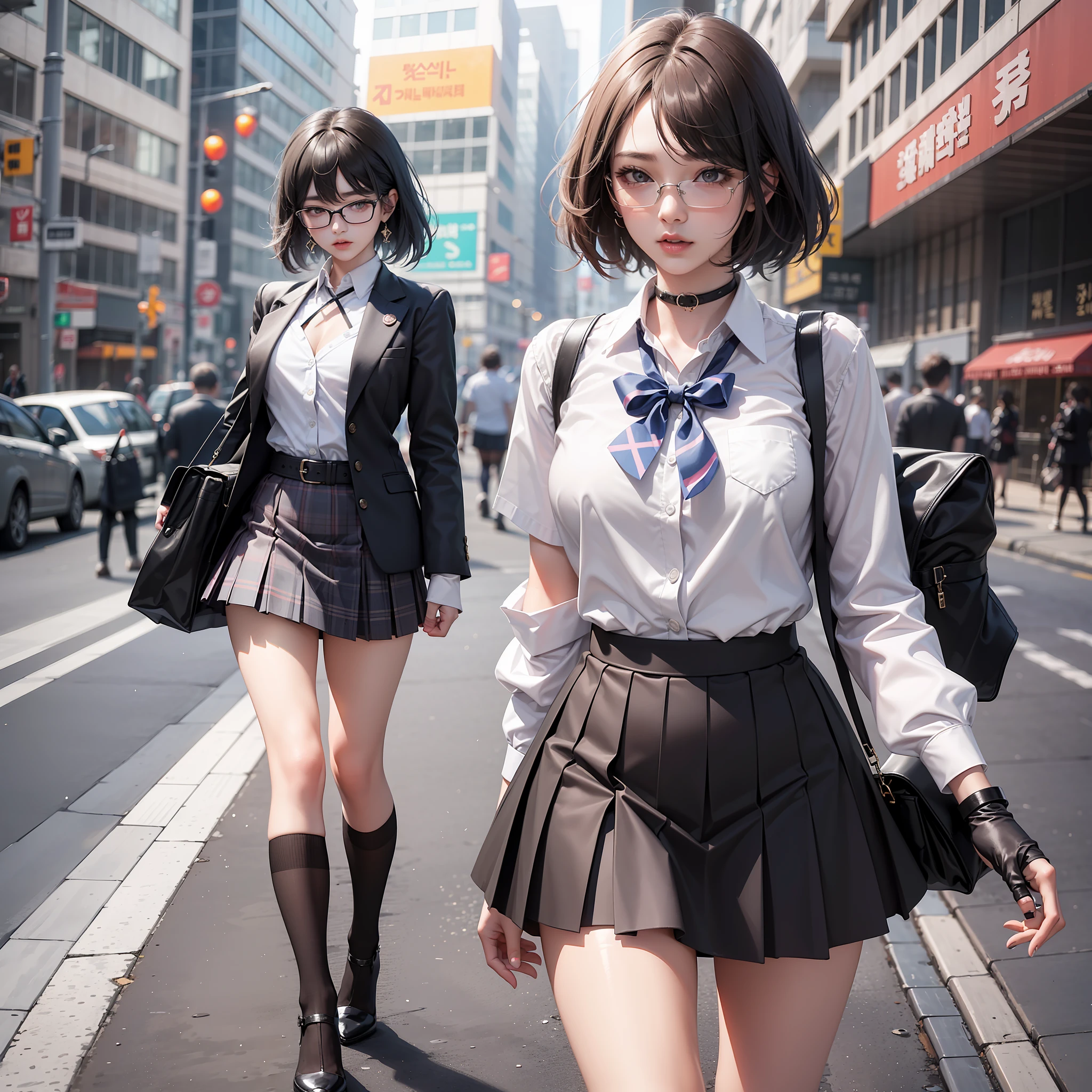 There are two women in short skirts and high heels walking down the street, trending on CGSTATION, a surreal schoolgirl, sexy style, Oppai cyberpunk, popular on CGSTATION, sexy: 10, surreal schoolgirl, Korean female model, well-dressed, Korean girl, thighs, Sakimichan, Jaeyeon Nam, mouthwatering --auto --s2