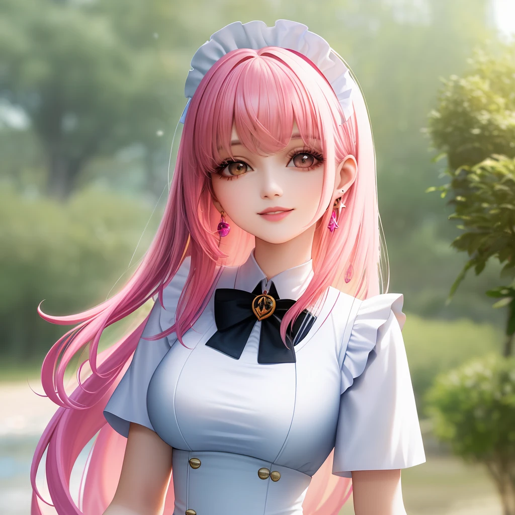 Top Quality, Ultra High Resolution, (Photorealistic: 1.4), Close Up, Single Girl, (ulzzang-6500:1.0), (Complex Maid Outfit: 1.0), Pink Hair, Gorgeous Earrings, Nude, Smile, Upper Body, Cute
