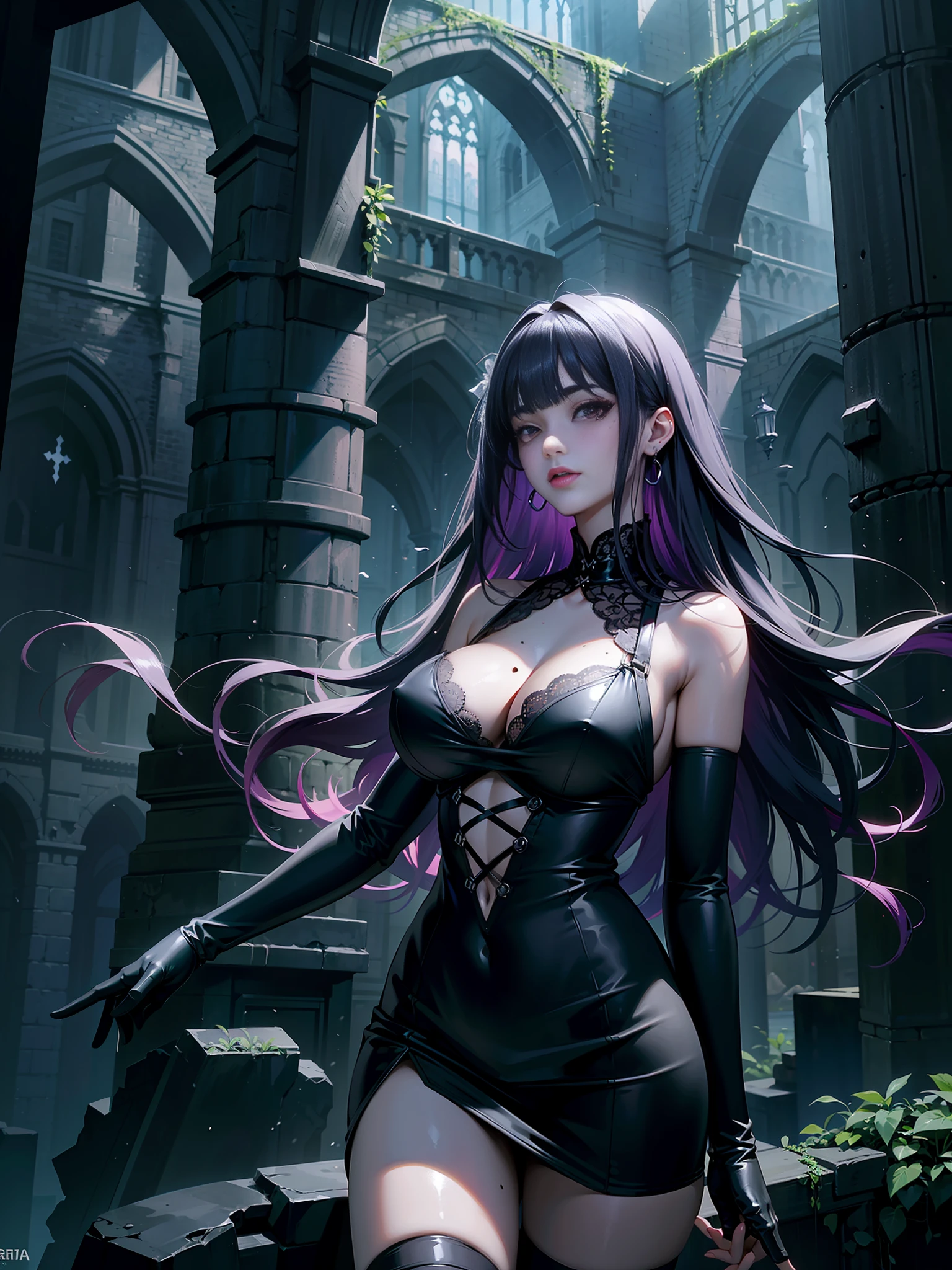 Black lace dress, Black stockings, Black lace gloves, big boob, Underwater church, Building ruins, soaked, Shiny skin, fog, Moisture skin, purple hair, blunt bangs, very long hair, mole under mouth, mole under eye, red eyes, earrings, makeup, blush, torogao, ray tracing, dutch angle, Sony FE GM, masterpiece, best quality, high quality, high details, super detail, anatomically correct, textured skin