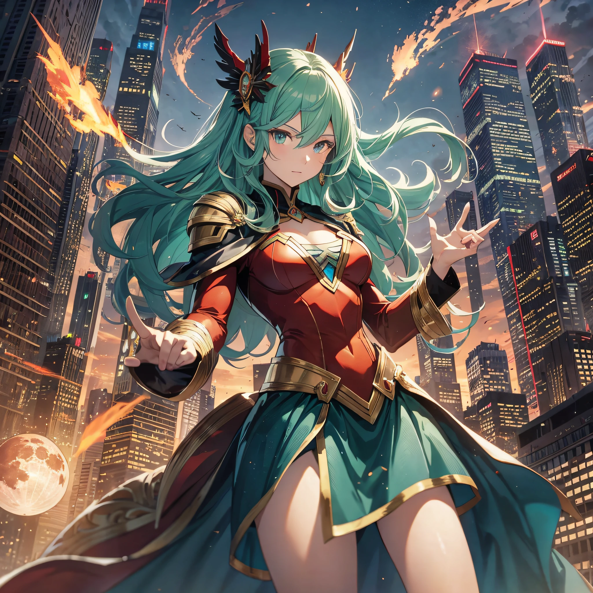 One-punch superman worldview, blood moon, city, city tall buildings, fire, explosion, maidens with long green hair flying in the sky (1.3), unleashing spells