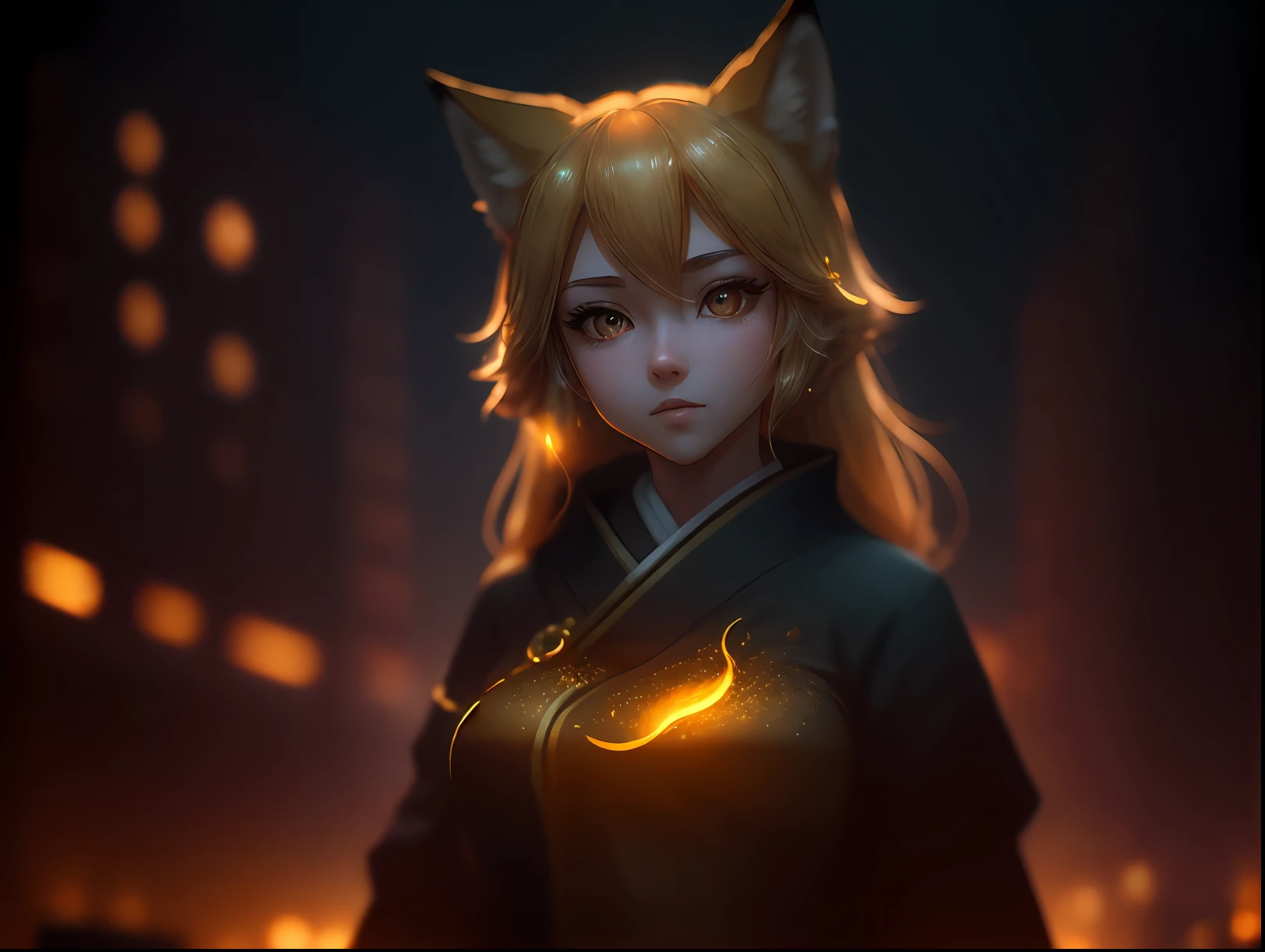 ((Best Quality, 8K, Masterpiece: 1.3)), 1girl, Fox-looking Slim with 9 syrups and with a burning golden on a dark night with a Japanese city with ambient lights and a gloomy lighting focus on the girl and with lus and shadow effects caused by the illuminated aura.