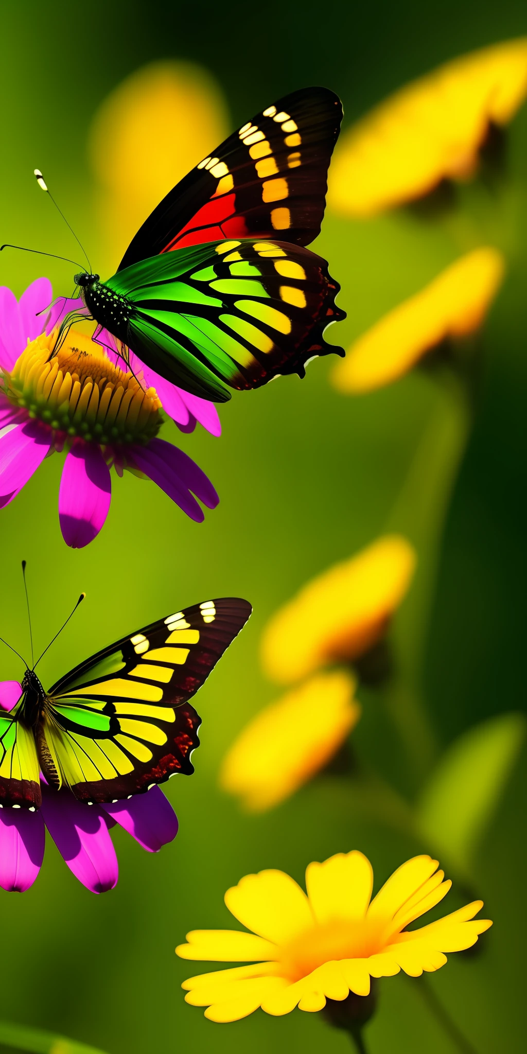 Close-up of a beautiful green butterfly silhouette over flower nectar. Cinematic HD detail