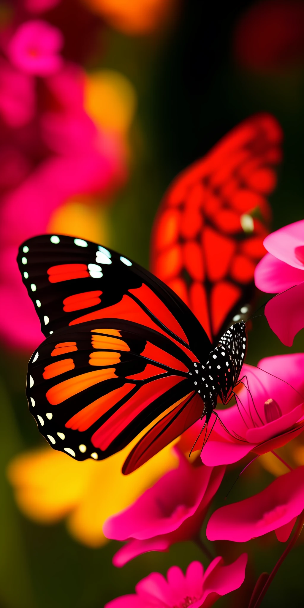 Close-up of a beautiful red butterfly silhouette over the nectar of a flower. High quality cinematic detail