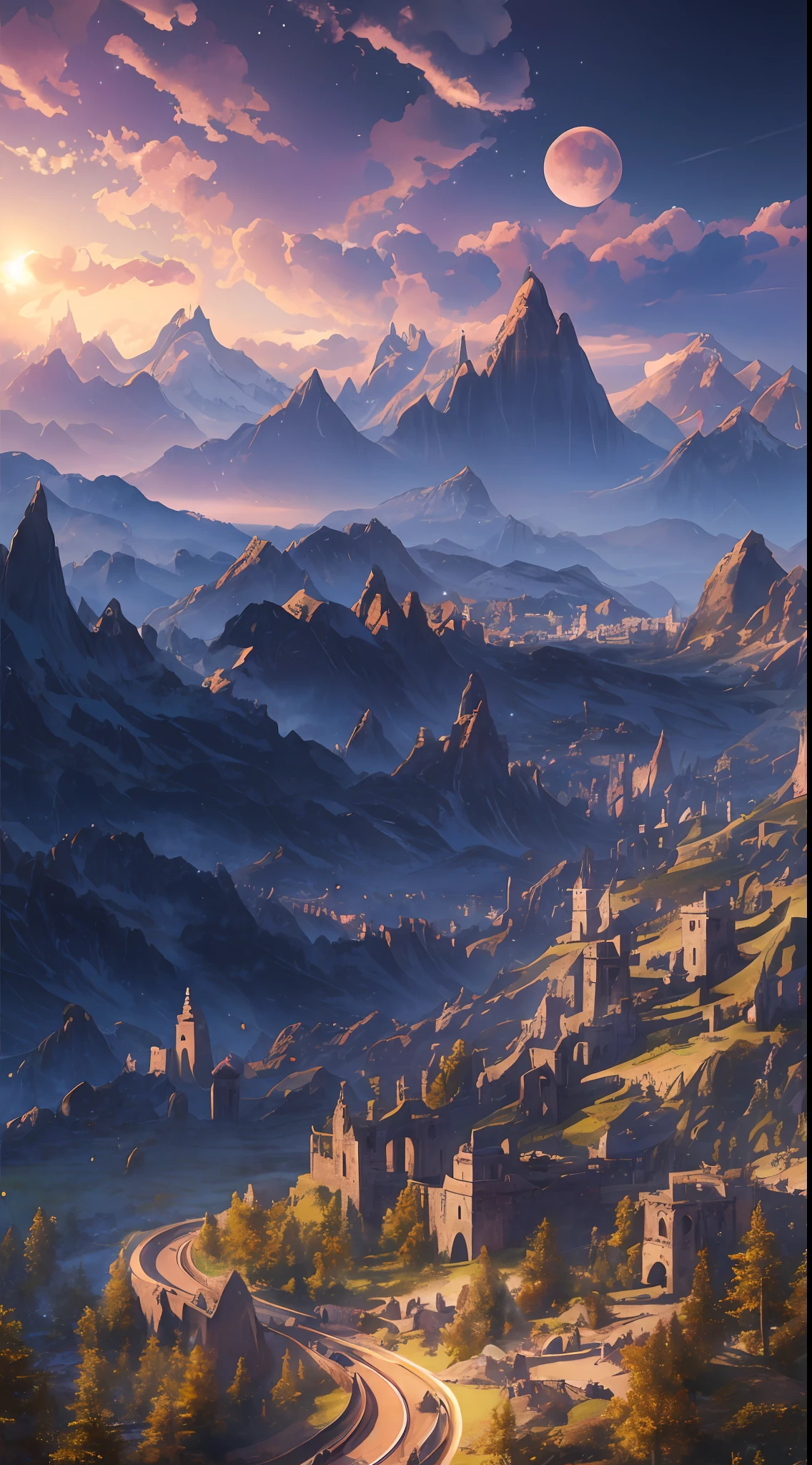Masterpiece, best quality, high quality, extremely detailed CG unified 8k wallpaper, landscape, outdoors, sky, clouds, night, cloudy, big moon, huge stone wall hidden in the mountains, a group of people trying to open it, award winning photography, background bokeh, depth of field, HDR, bloom, chromatic aberration, realism, very detailed, artstation trend, cGSociety trend, intricate, high detail, drama, halfway art --auto --s2