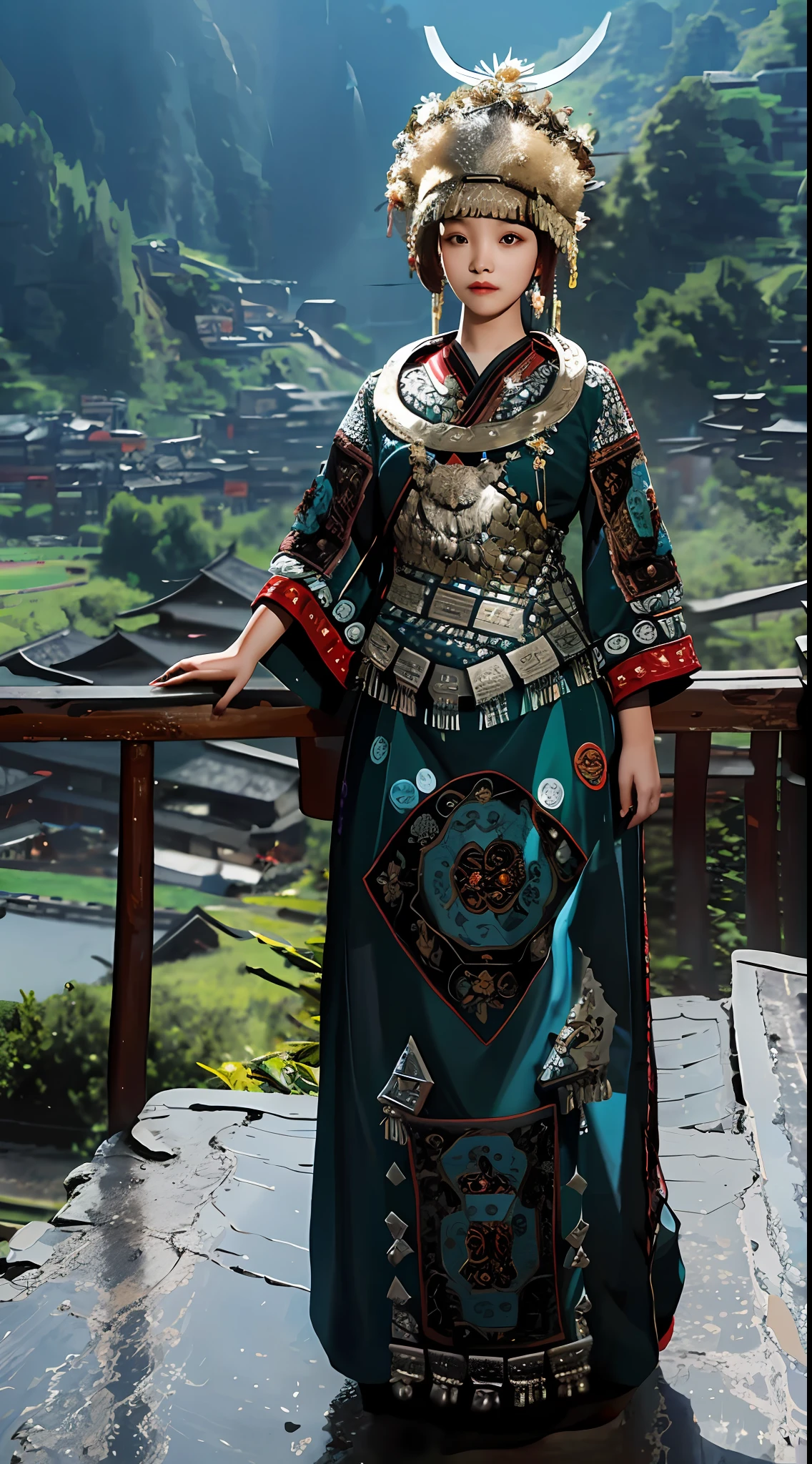A Miao, beautiful girl, standing, tall, big eyes melon face, beautiful and charming, holding a blue flower, beautiful scenery in the background, sunny day