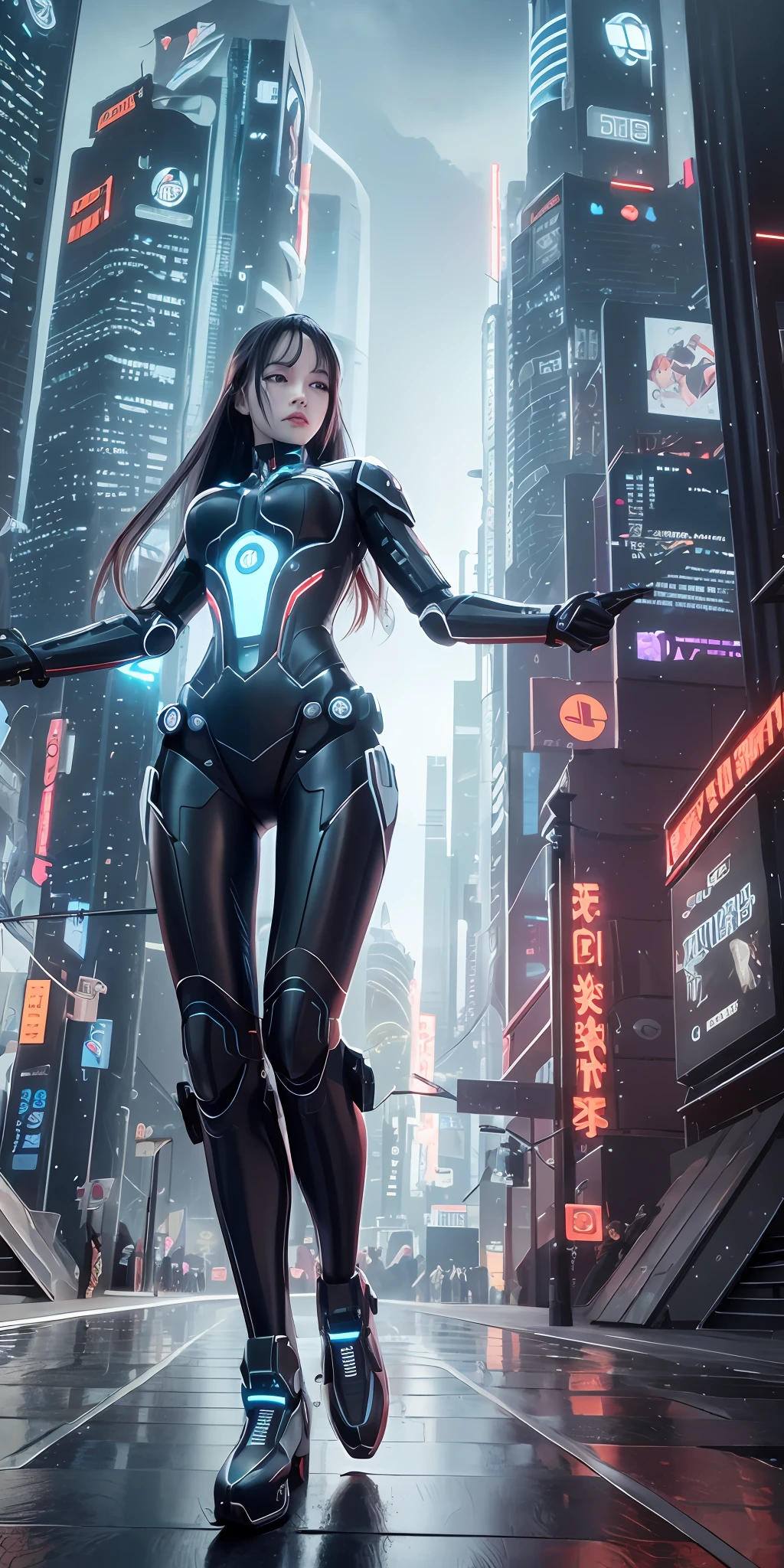 Complex 3d rendering very detailed beautiful ceramic silhouette female robot face, robot, robot parts, highlighting cyborg world, wide angle lens, cyberpunk art style, wide angle doom, royal sister, dynamic eyes, sad eyes, mechanical beast, plane far, battleship far, science fiction, sky lightning and thunder, mechanical warframe detailed portrayal, cyberpunk style city, delicate girl face meticulously portrayed face, flowing long black hair fluttering in the air, dark blue, futuristic city, sci-fi sense, full body photo, --auto --s2