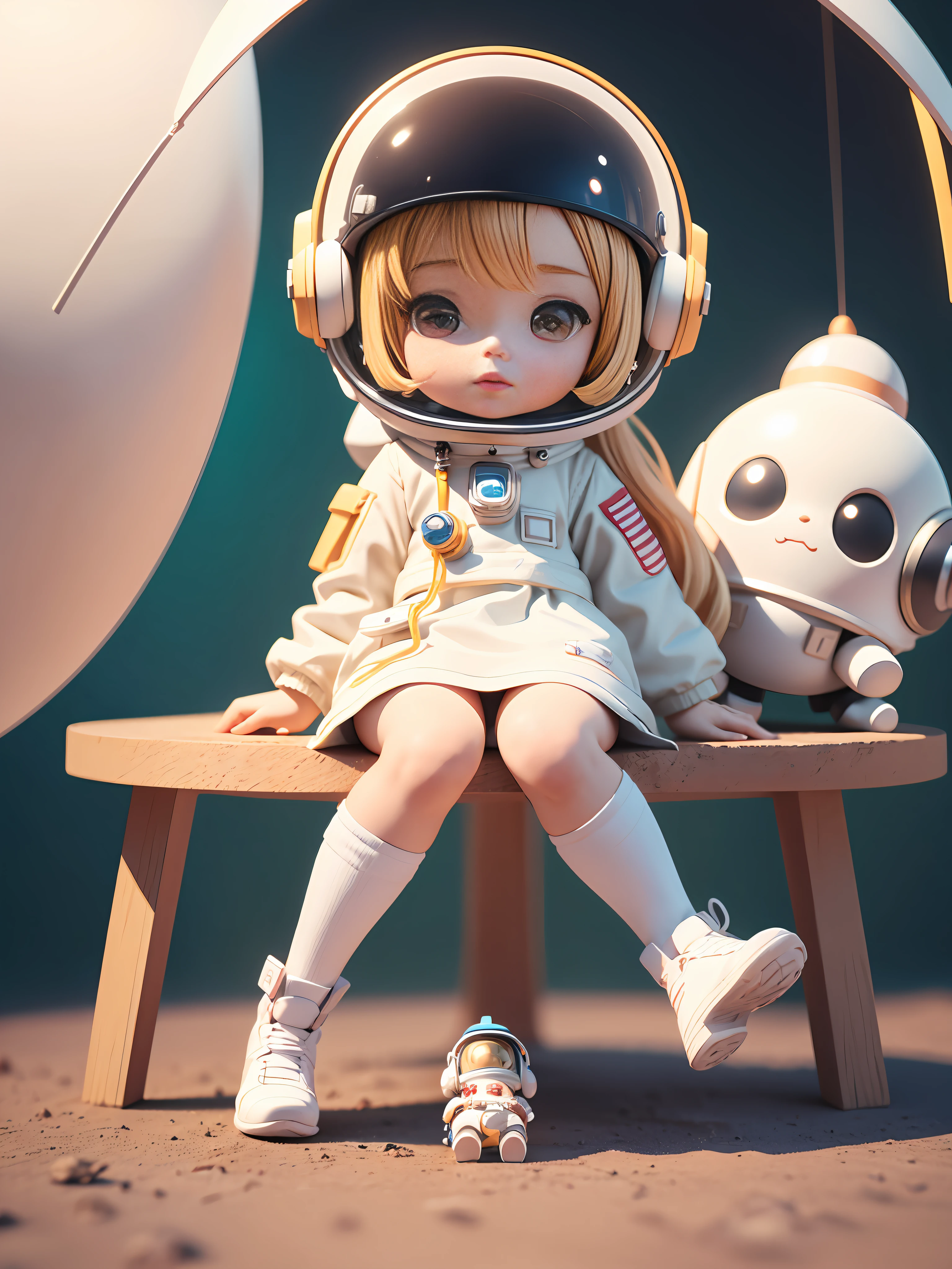 Toy with a little doll with a helmet, cute 3d render, cute detailed digital art, female explorer mini cute girl, cute digital painting, stylized 3d render, cute digital art, cute render 3d anime girl , the little astronaut looks up, cute! c4d, portrait anime space cadet girl, sitting on a white pedestal