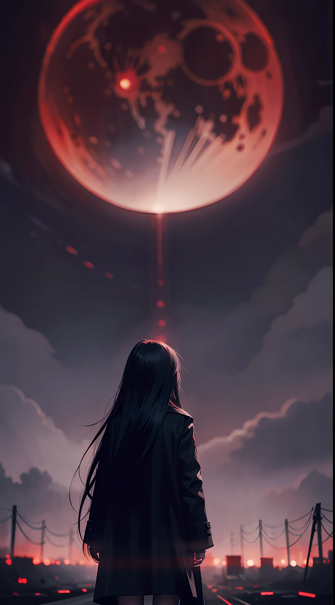 Girl, long hair, black coat, standing, sideways, behind is a town plunged into darkness, blood moon, hazy background, big scene (sketch: 1.2), anime key visuals, fog, evil, Bauhaus art, dramatic lights, mystery